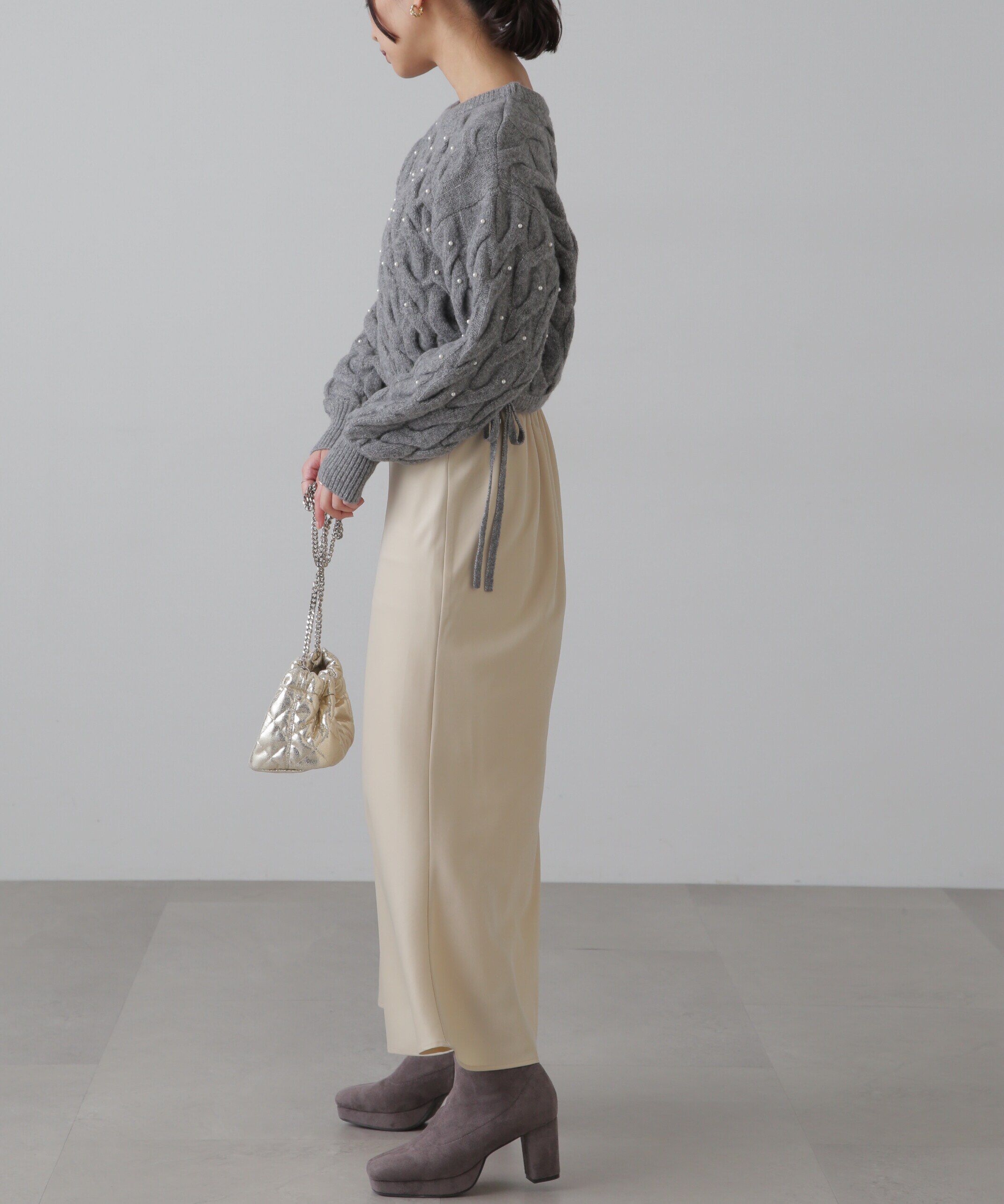  「ウエストゴムパールミックスケーブルドロストニット」|ニット・セーター|