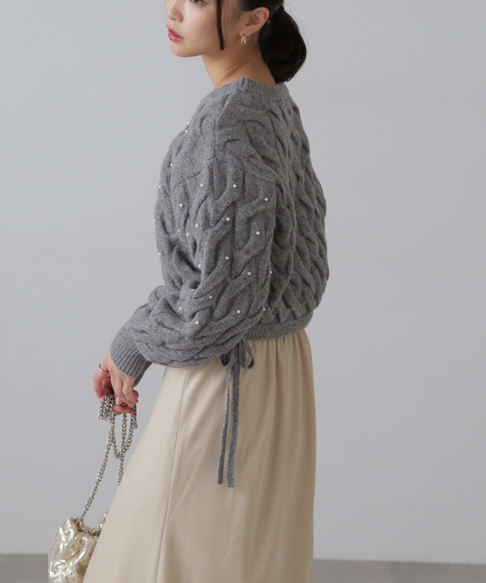  「ウエストゴムパールミックスケーブルドロストニット」|ニット・セーター|