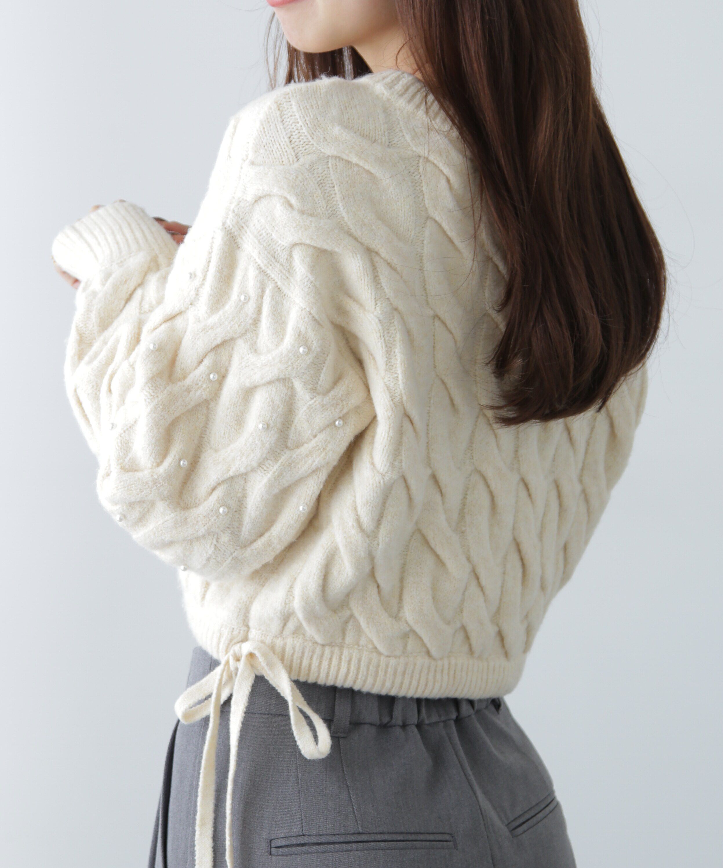  「ウエストゴムパールミックスケーブルドロストニット」|ニット・セーター|オフホワイト