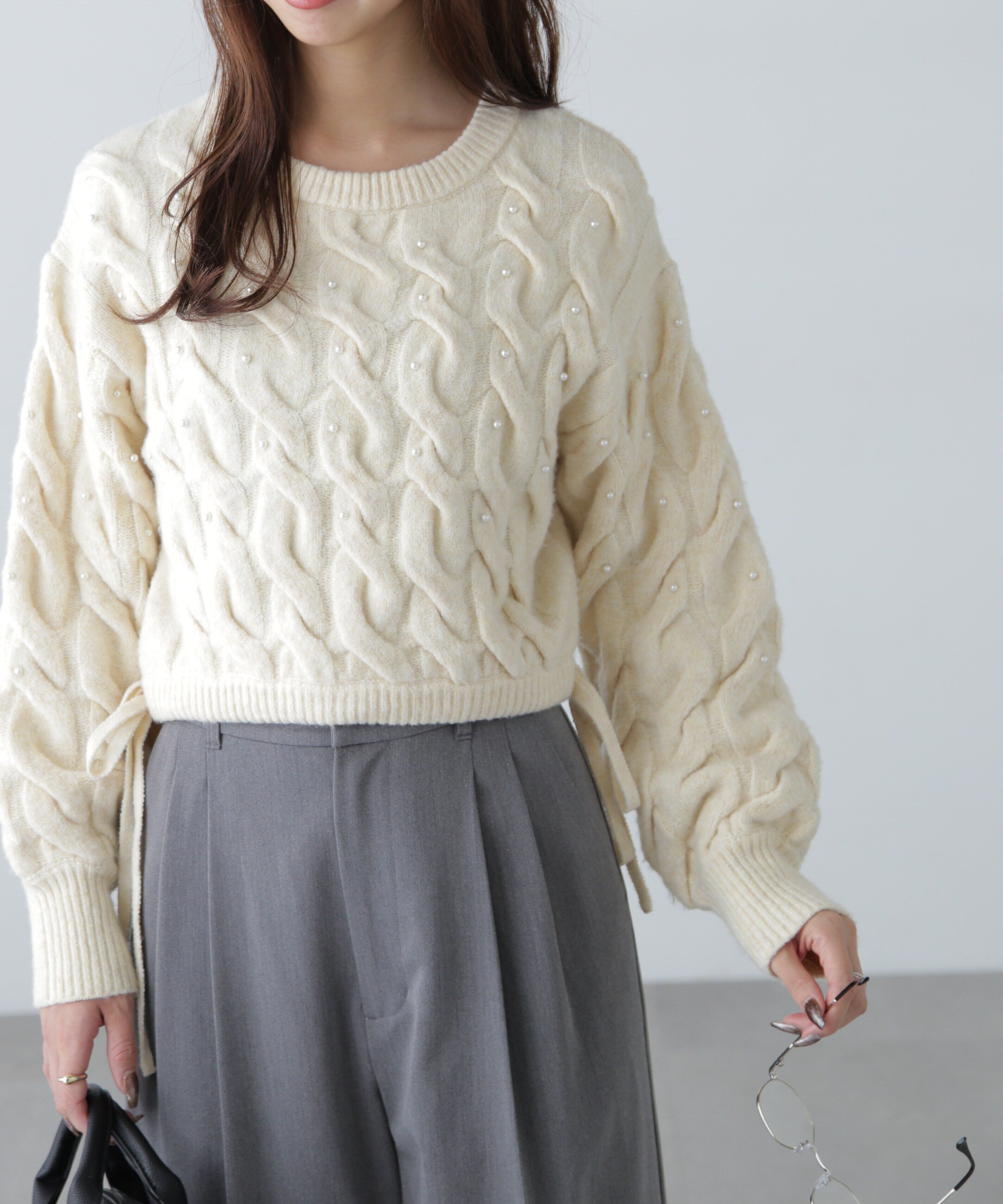 「ウエストゴムパールミックスケーブルドロストニット」|ニット・セーター|