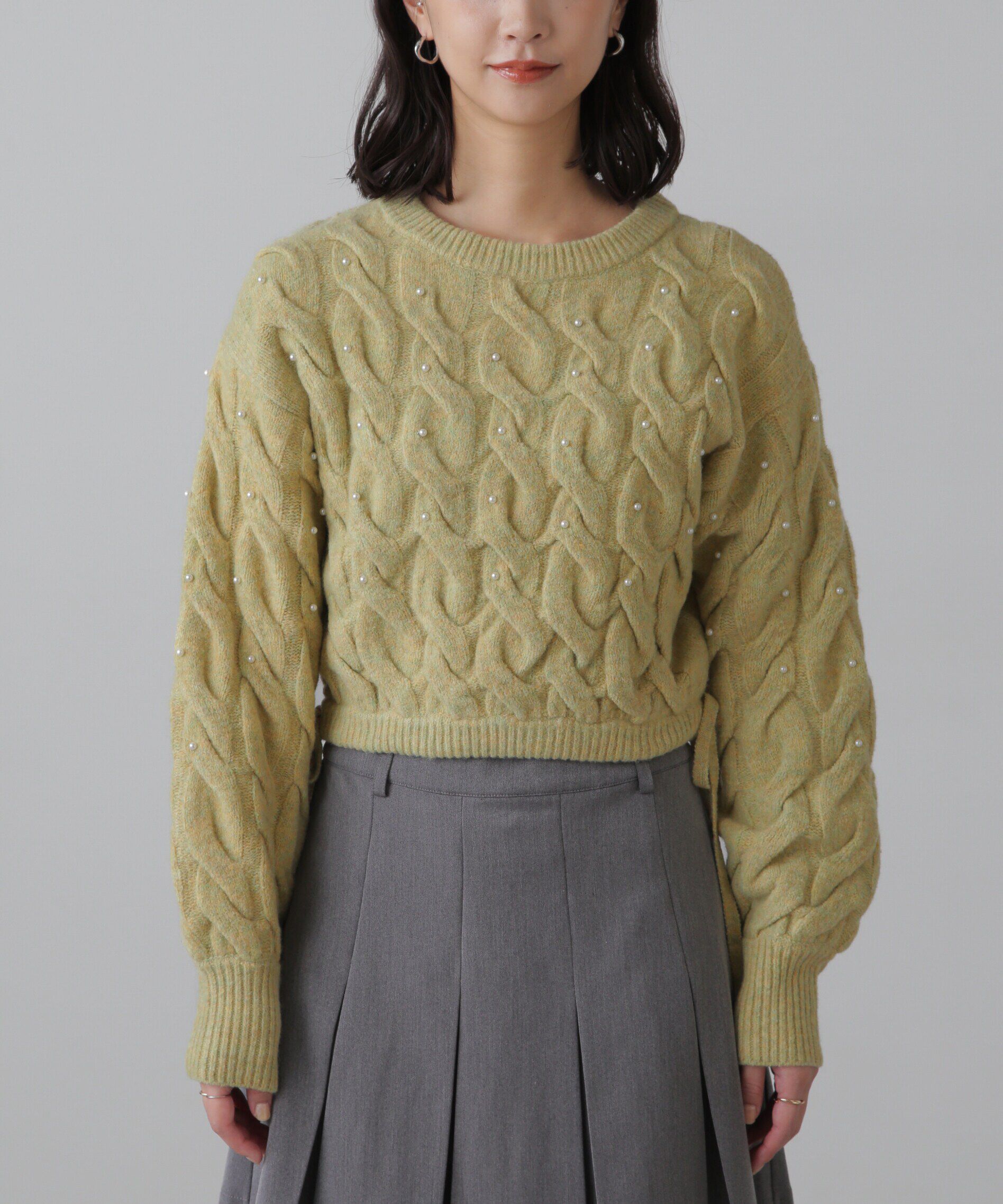  「ウエストゴムパールミックスケーブルドロストニット」|ニット・セーター|