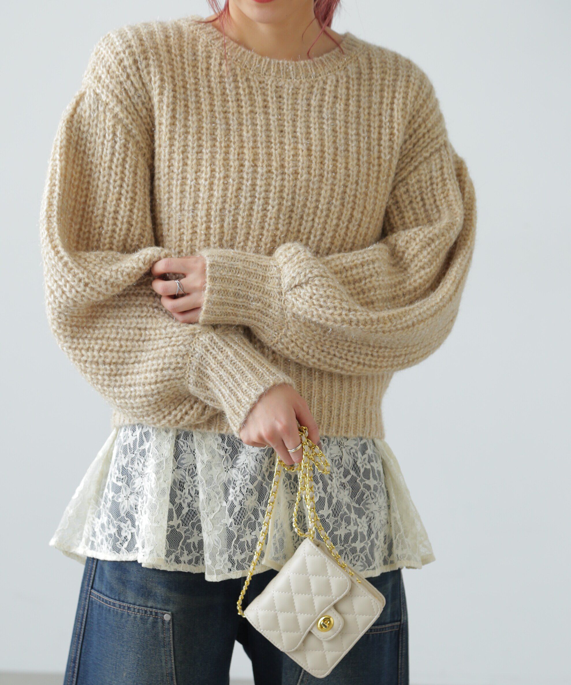  「袖ボリューム畦ラメニット」|ニット・セーター|