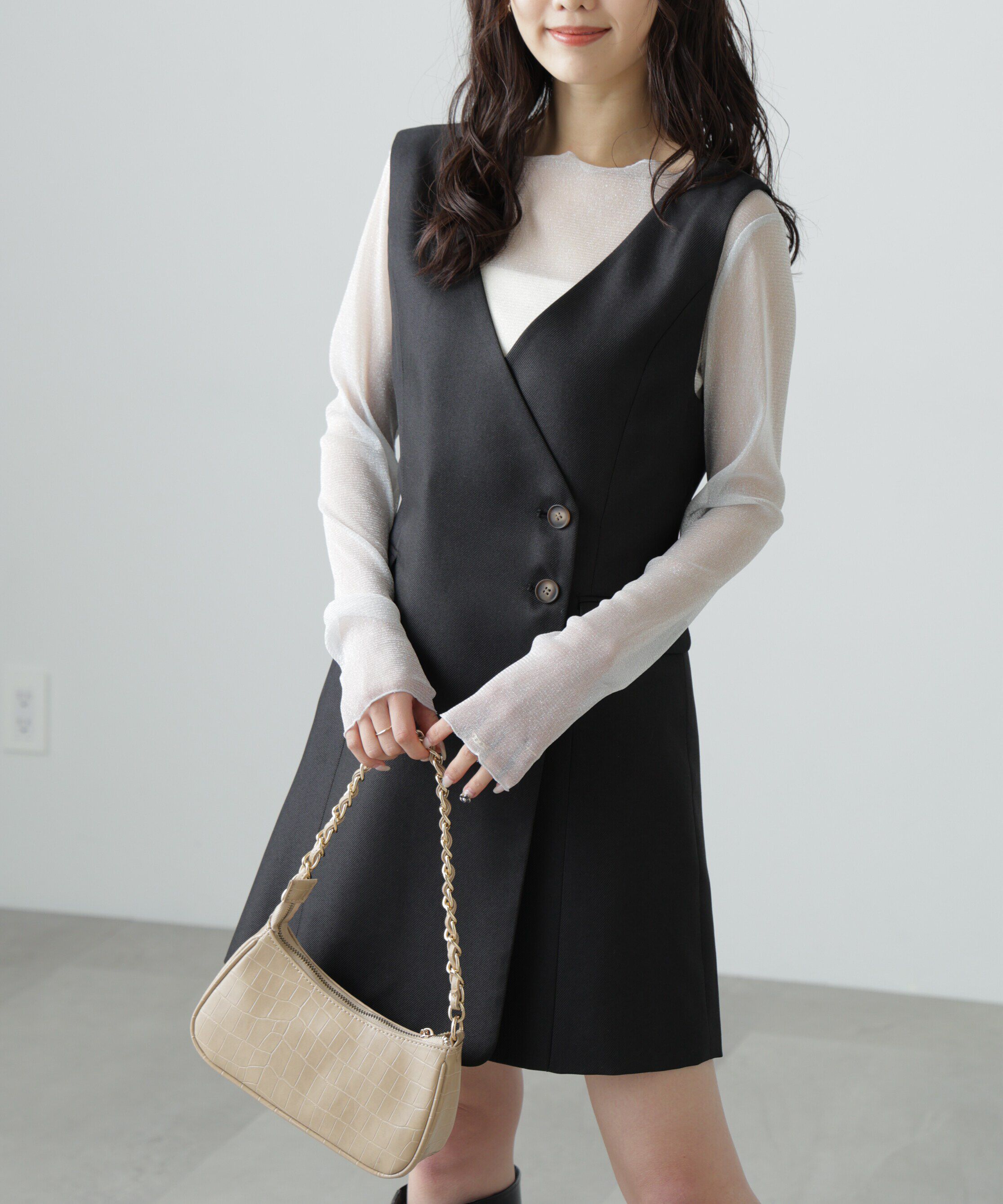  「ジレ風ラップミニジャンパースカート」|ワンピース|ブラック