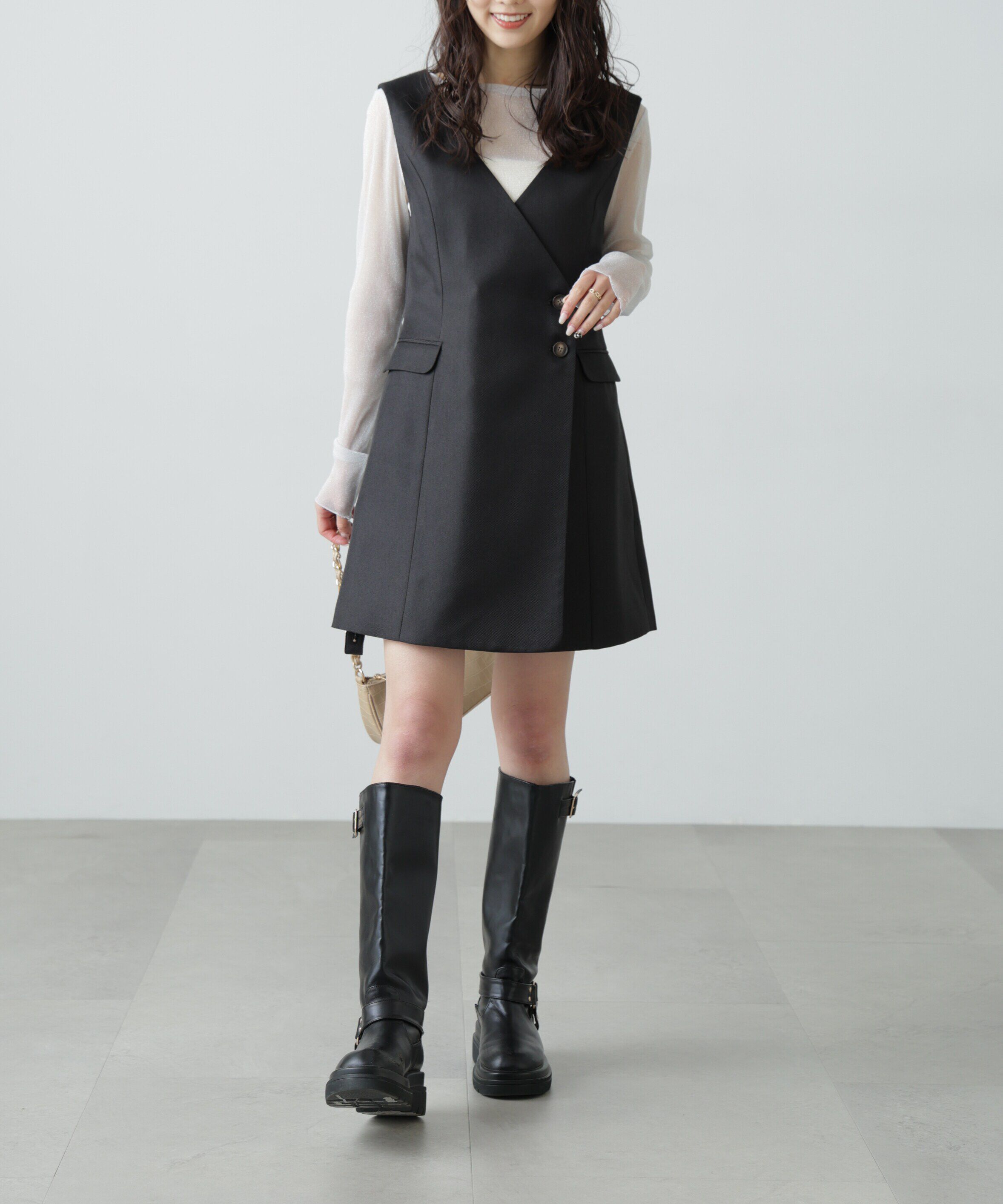  「ジレ風ラップミニジャンパースカート」|ワンピース|