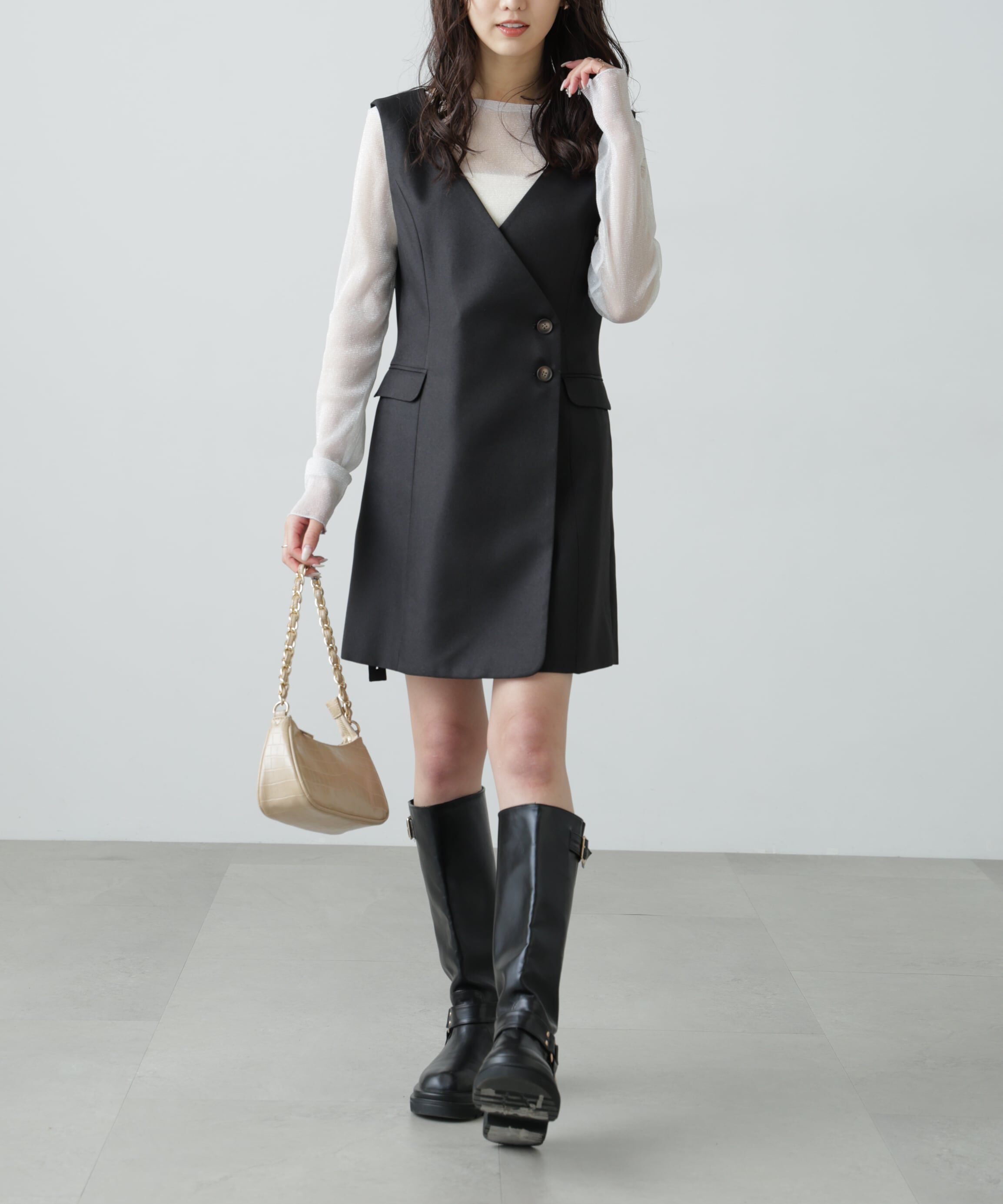  「ジレ風ラップミニジャンパースカート」|ワンピース|