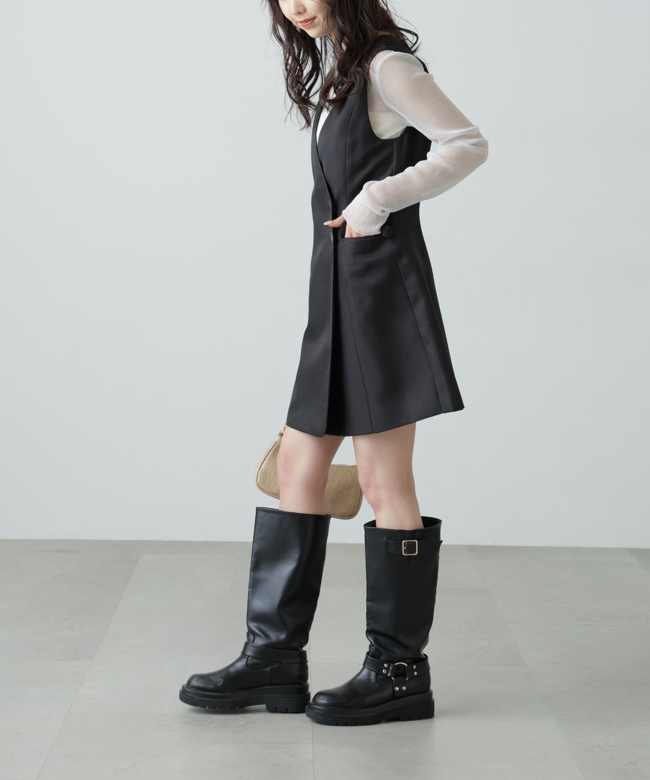  「ジレ風ラップミニジャンパースカート」|ワンピース|