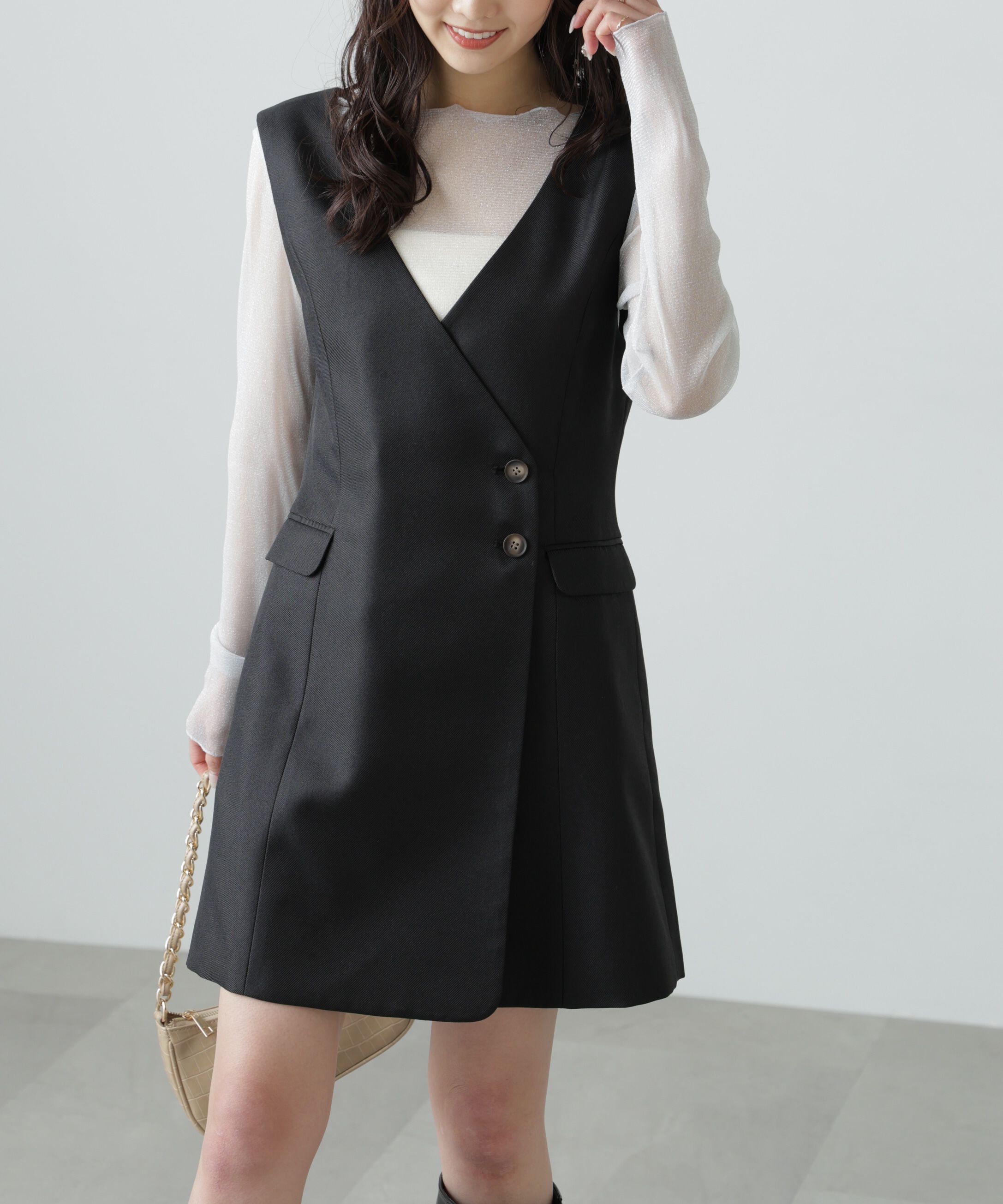  「ジレ風ラップミニジャンパースカート」|ワンピース|