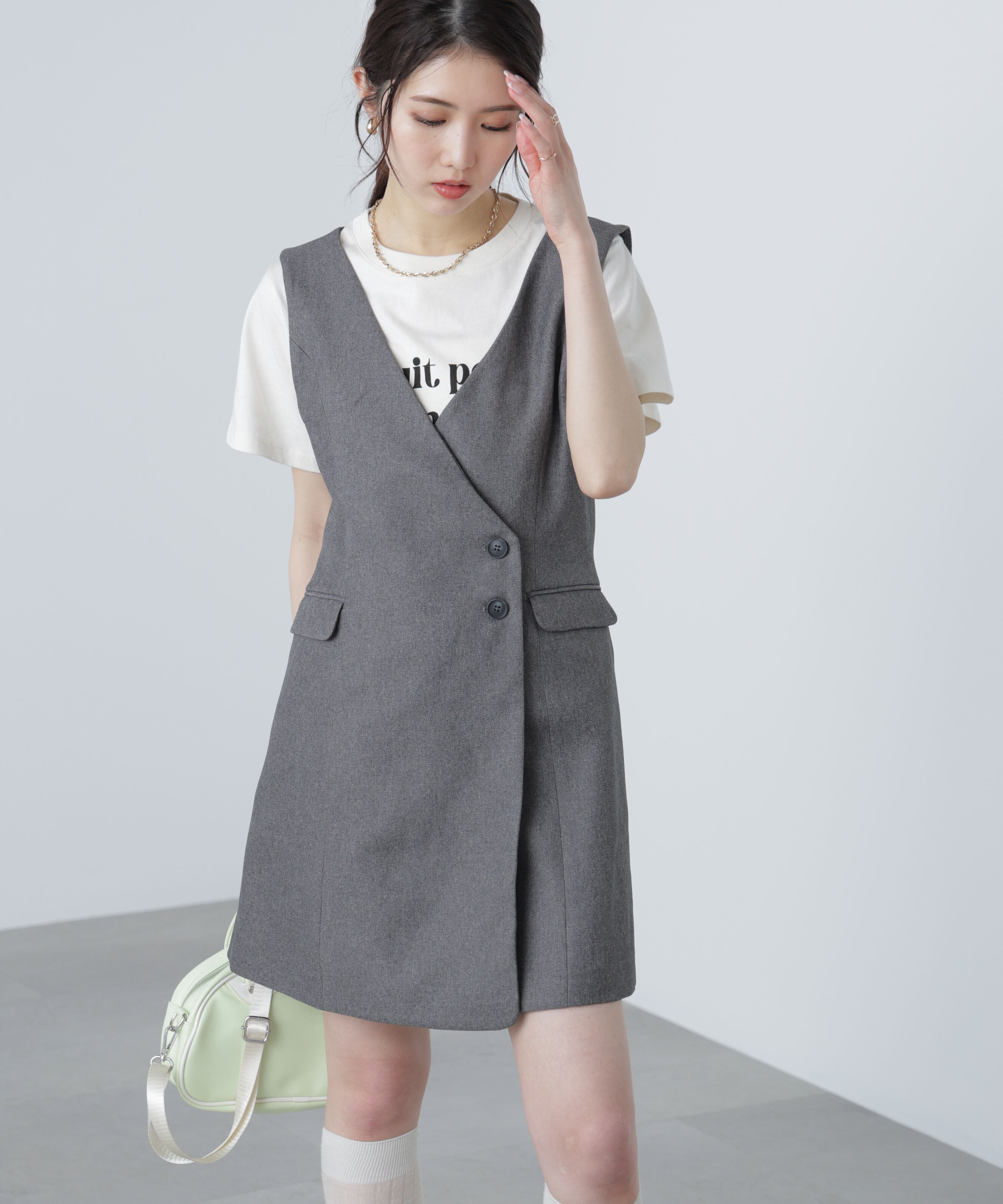  「ジレ風ラップミニジャンパースカート」|ワンピース|杢グレー1