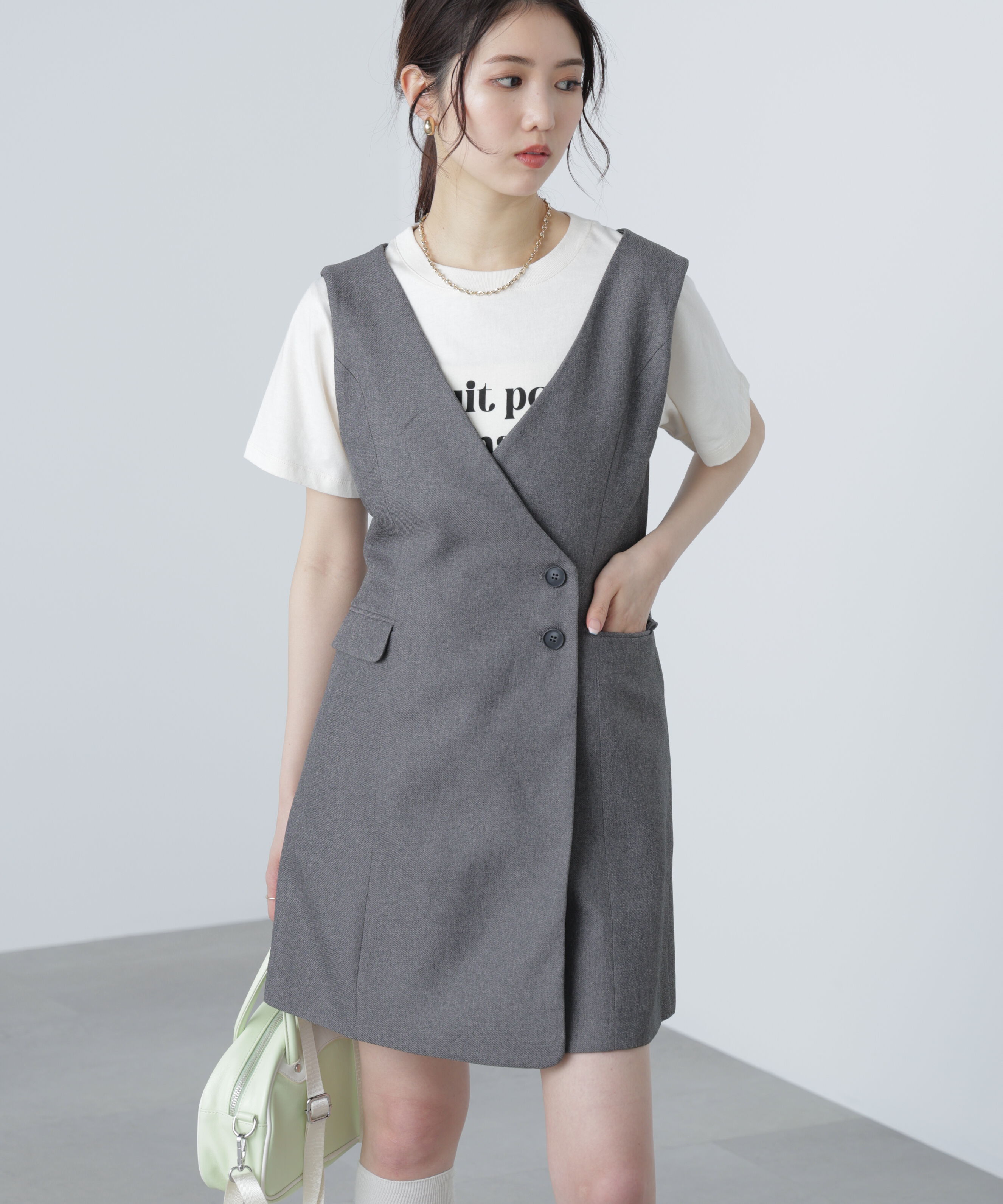  「ジレ風ラップミニジャンパースカート」|ワンピース|