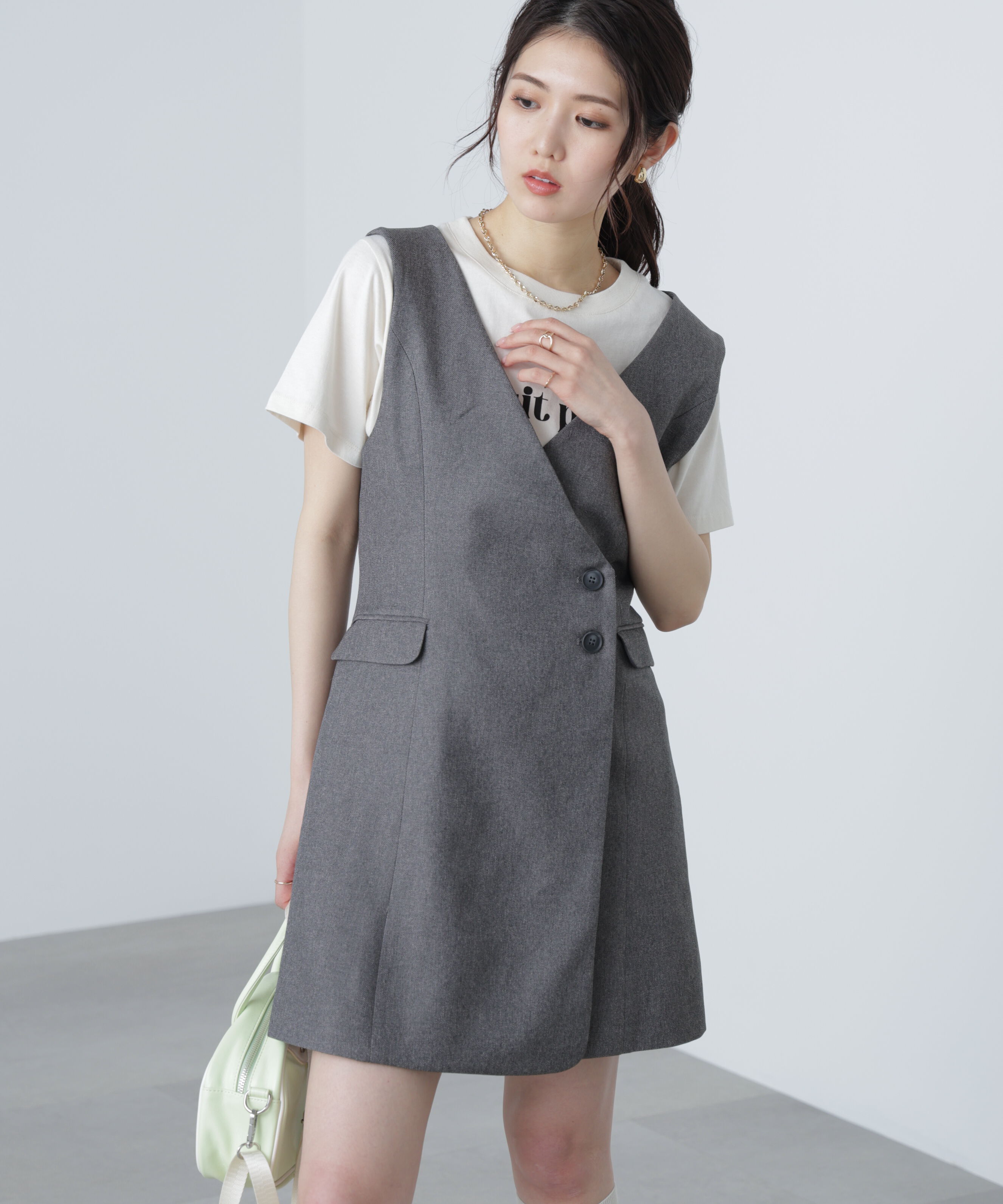  「ジレ風ラップミニジャンパースカート」|ワンピース|