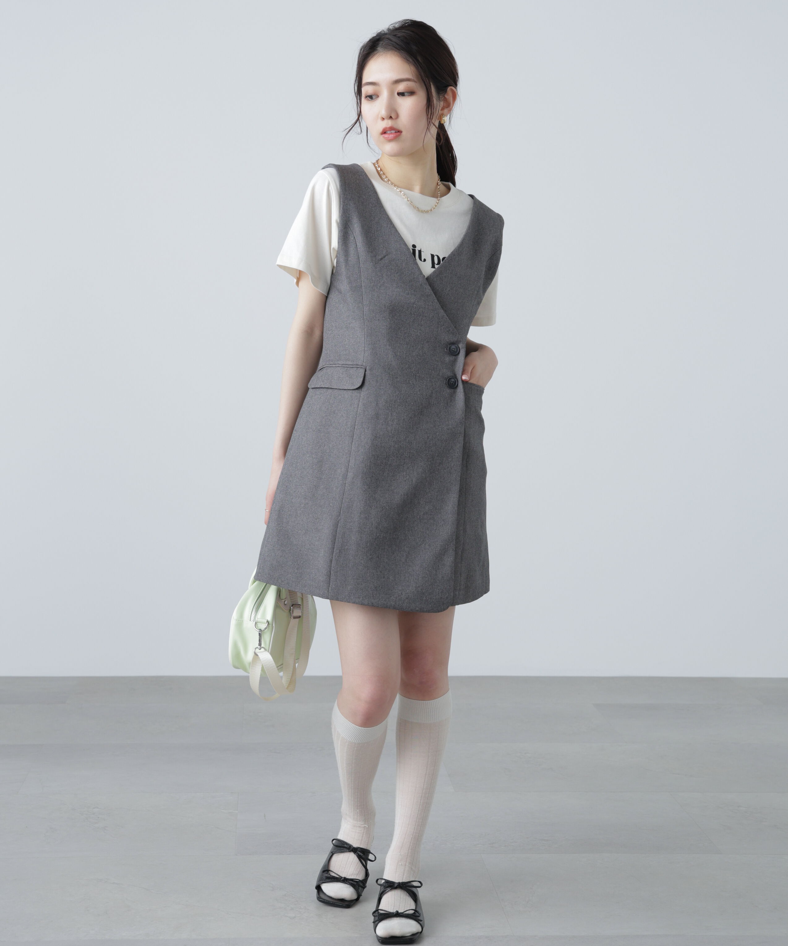  「ジレ風ラップミニジャンパースカート」|ワンピース|