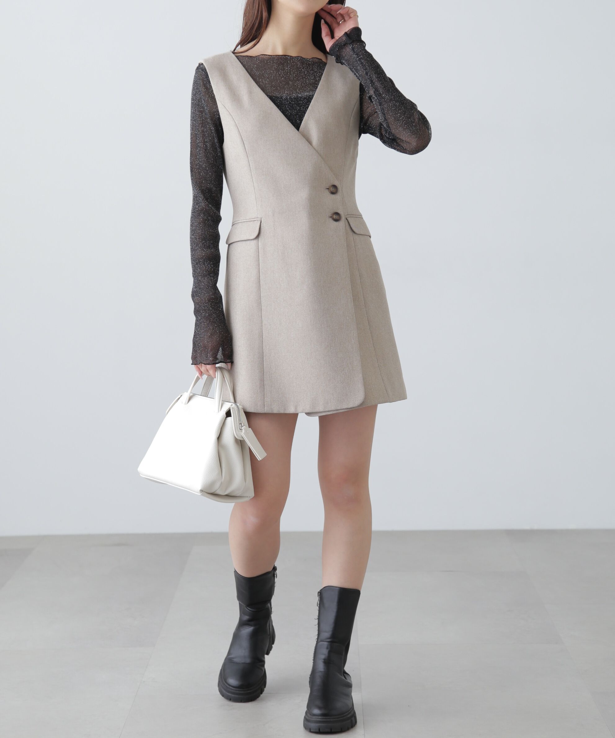  「ジレ風ラップミニジャンパースカート」|ワンピース|