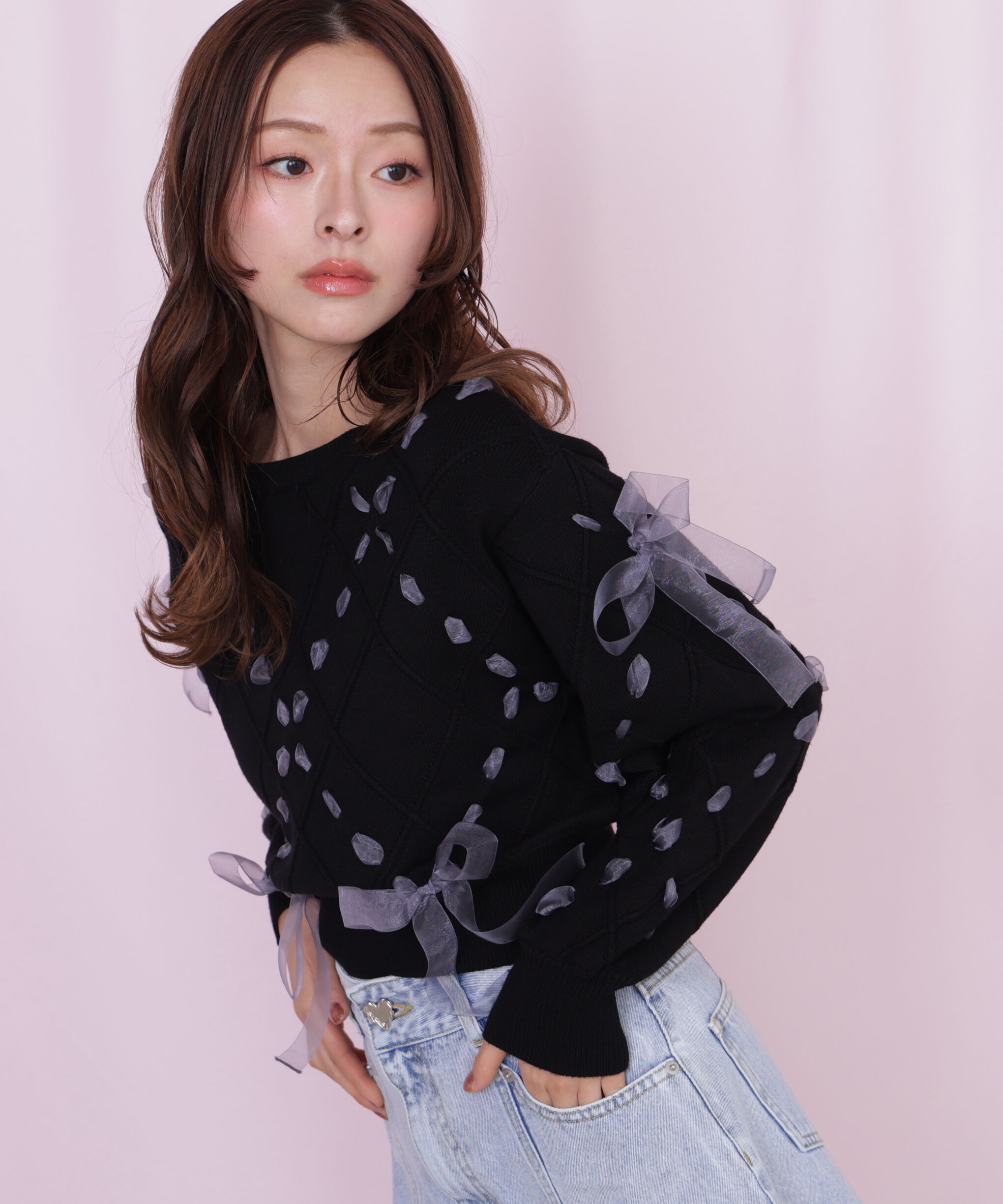  「ダイヤ柄リボンニット」|ニット・セーター|