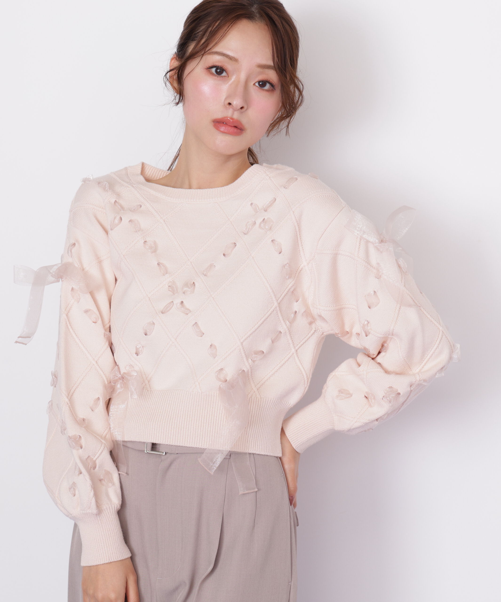  「ダイヤ柄リボンニット」|ニット・セーター|