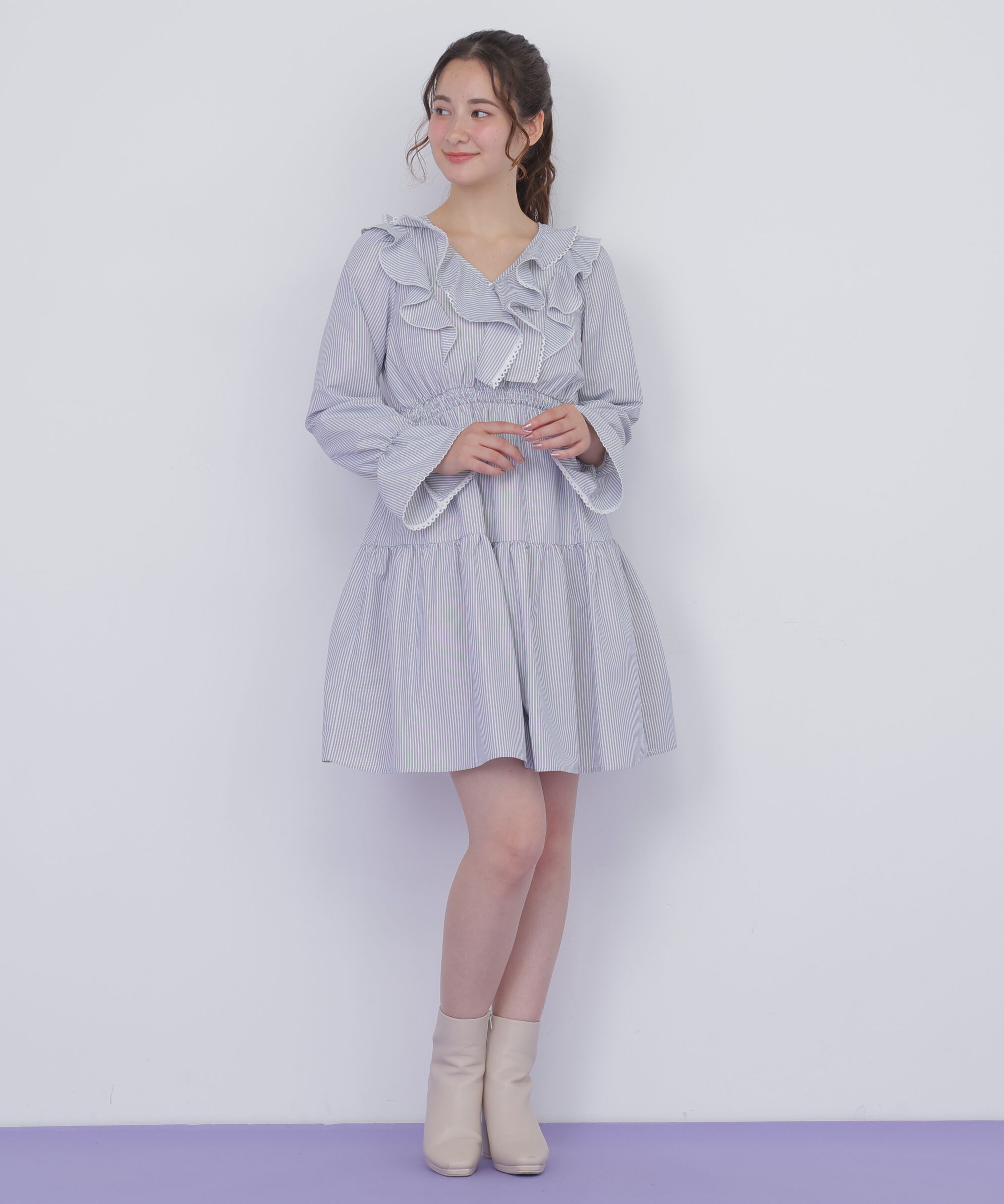  「ストライプレースミニワンピース」|ワンピース|