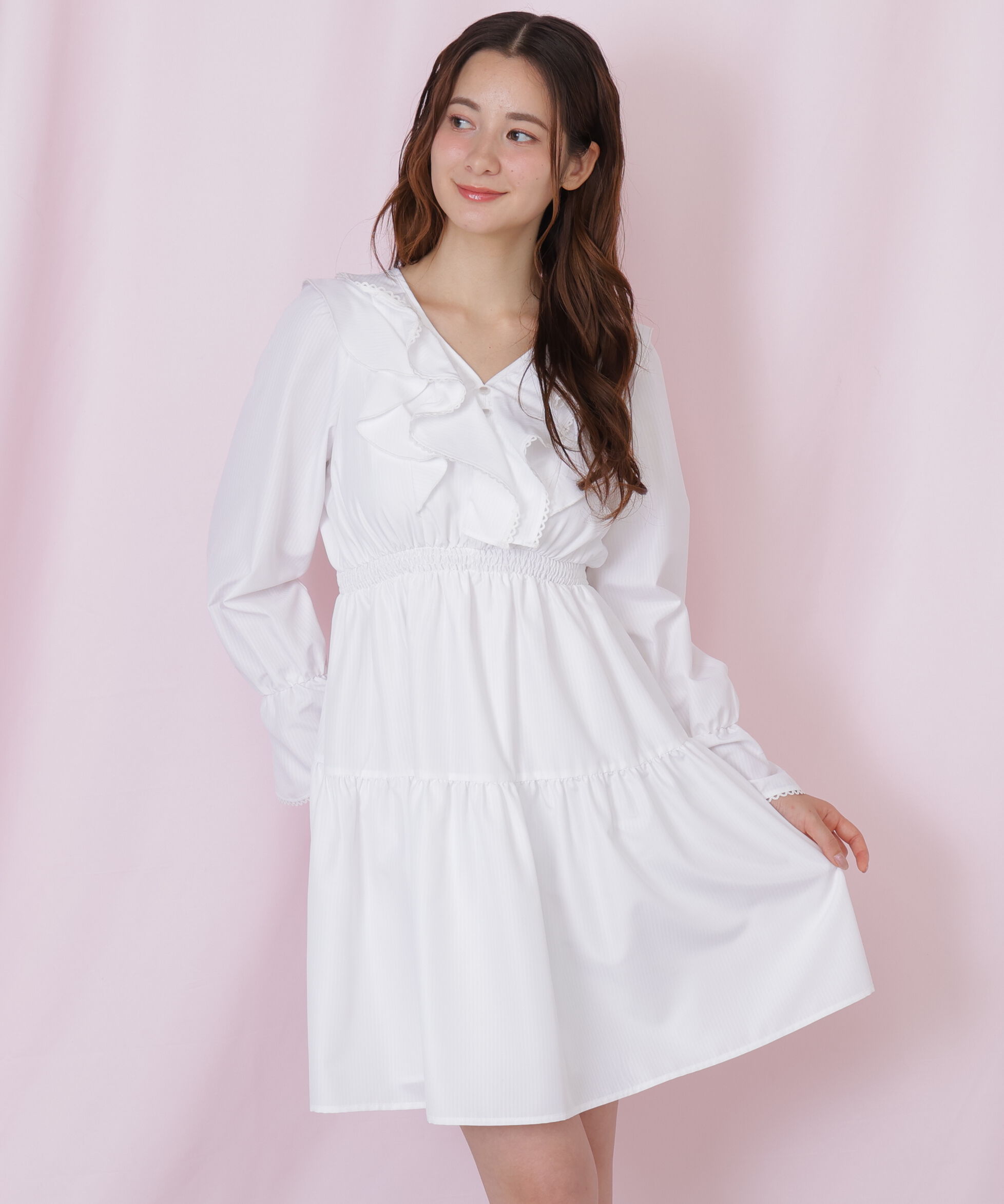  「ストライプレースミニワンピース」|ワンピース|ホワイト1