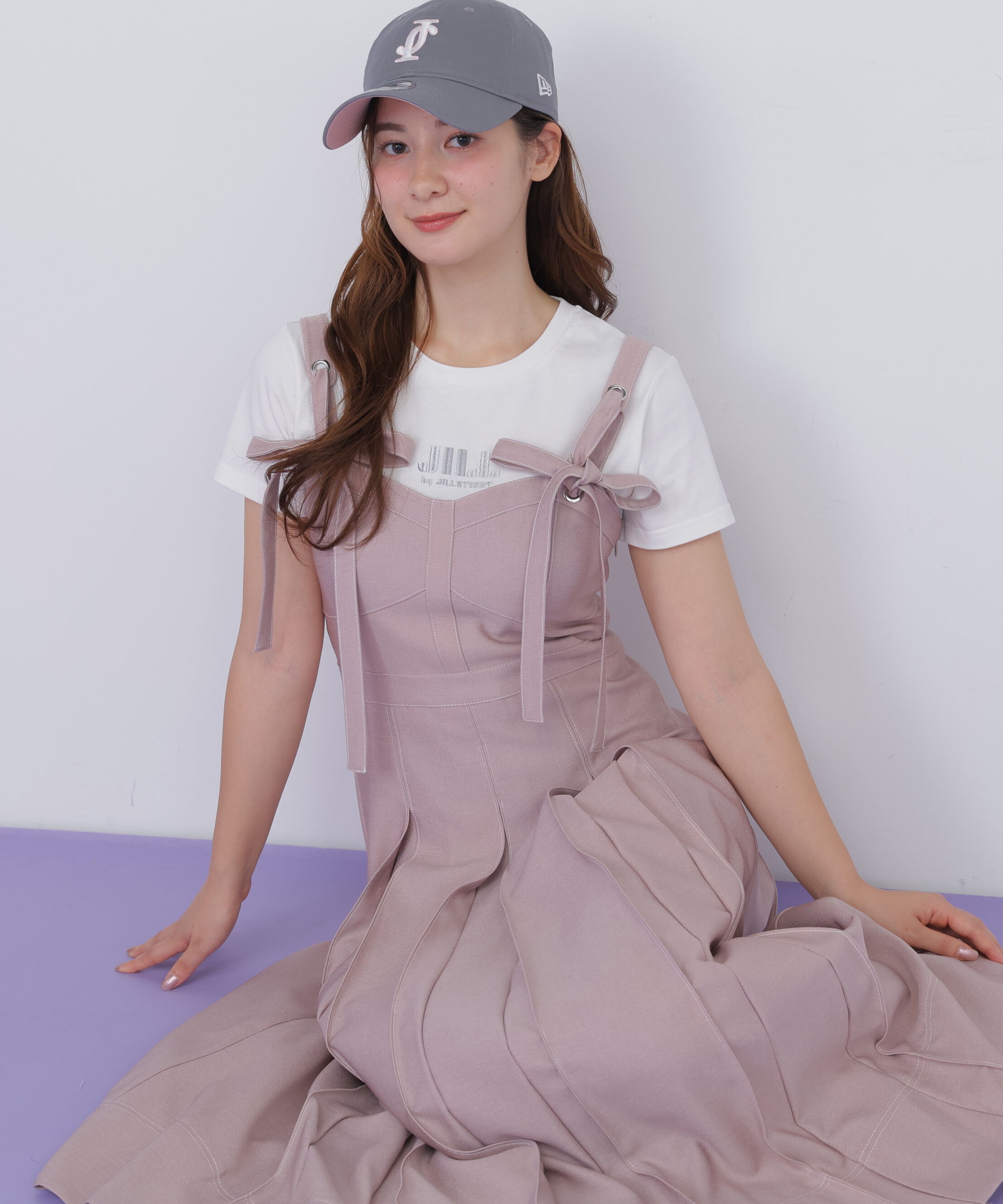  「デニムライク配色ステッチビスチェジャンスカ」|ワンピース|ピンク