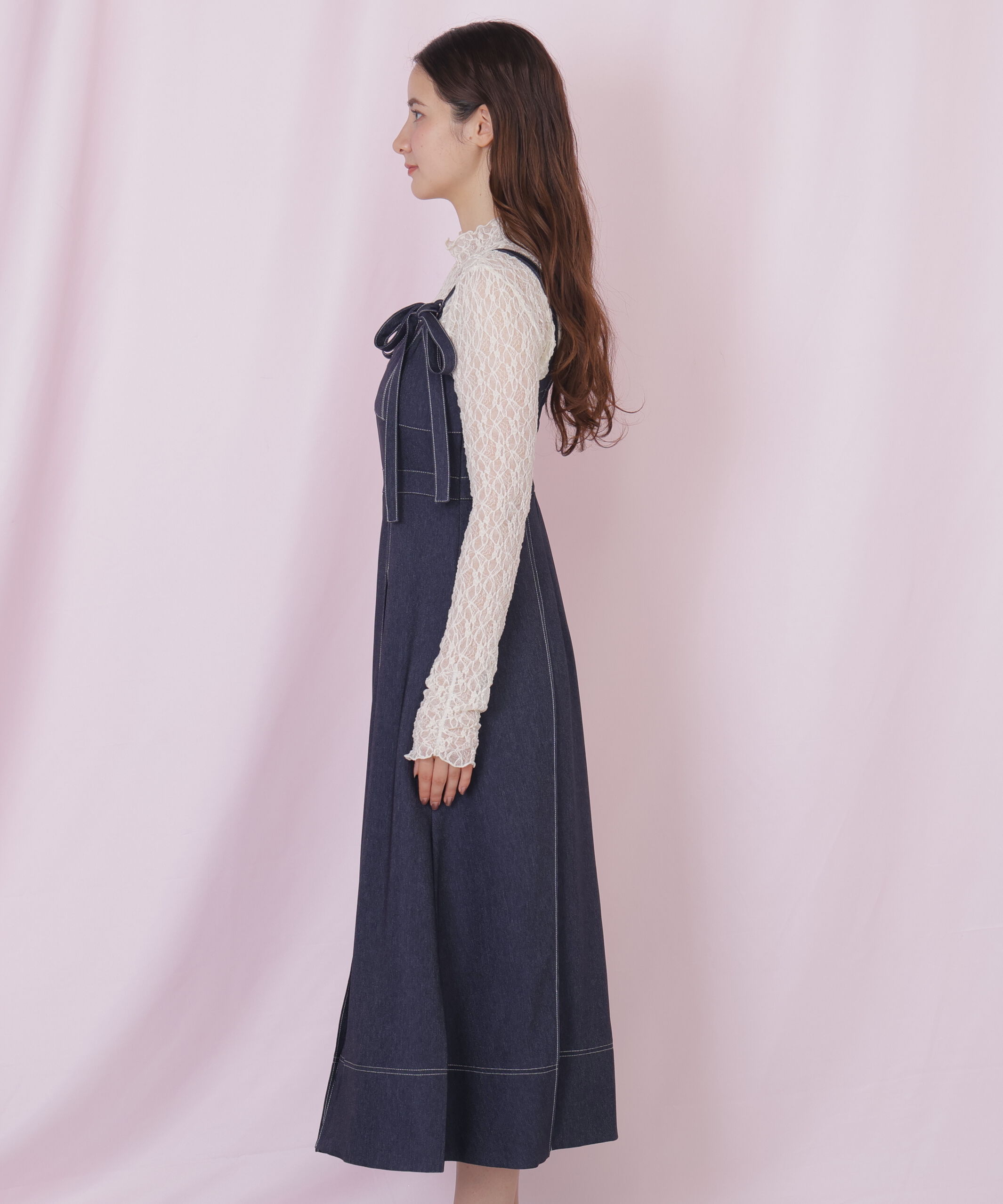  「デニムライク配色ステッチビスチェジャンスカ」|ワンピース|