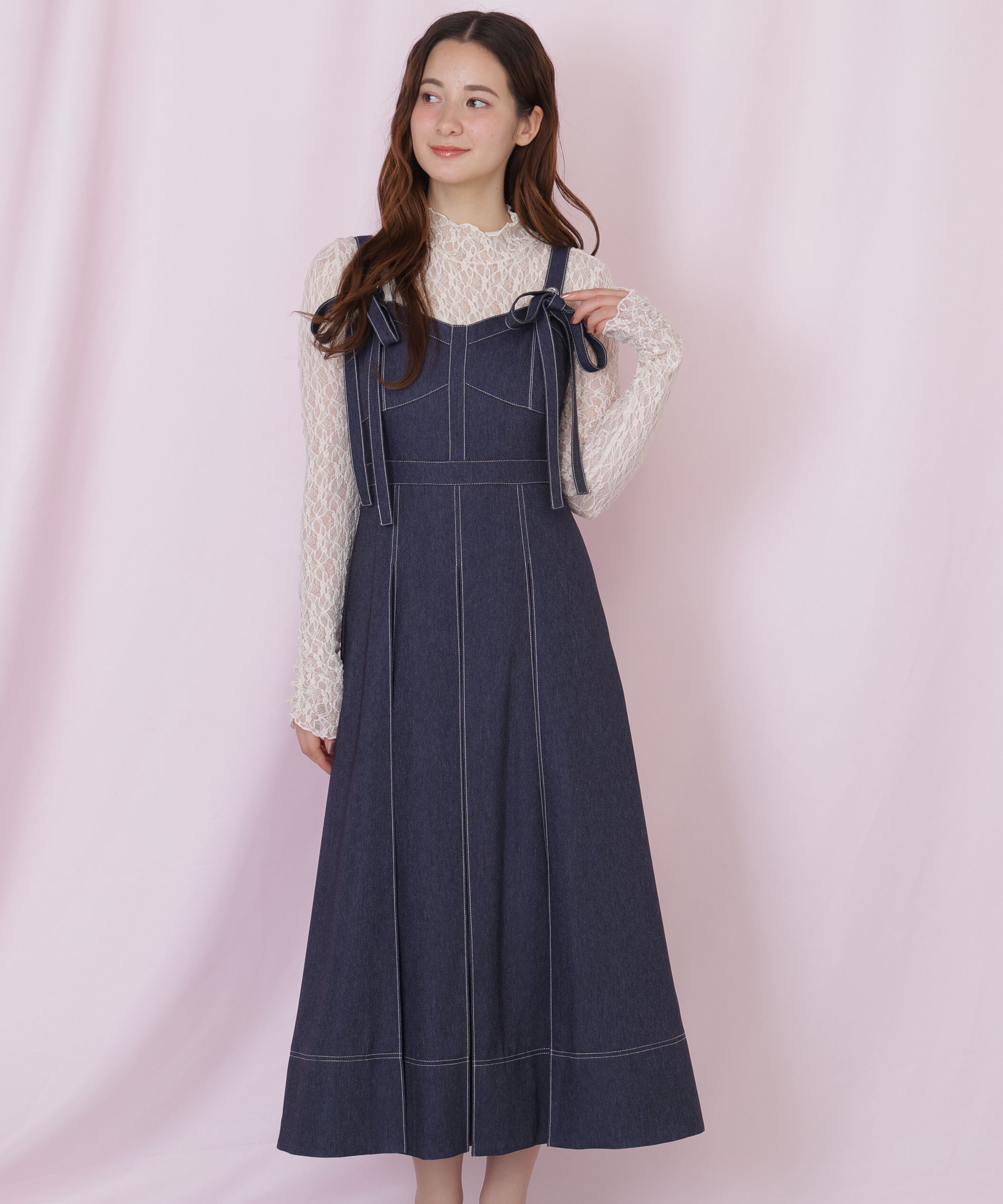  「デニムライク配色ステッチビスチェジャンスカ」|ワンピース|