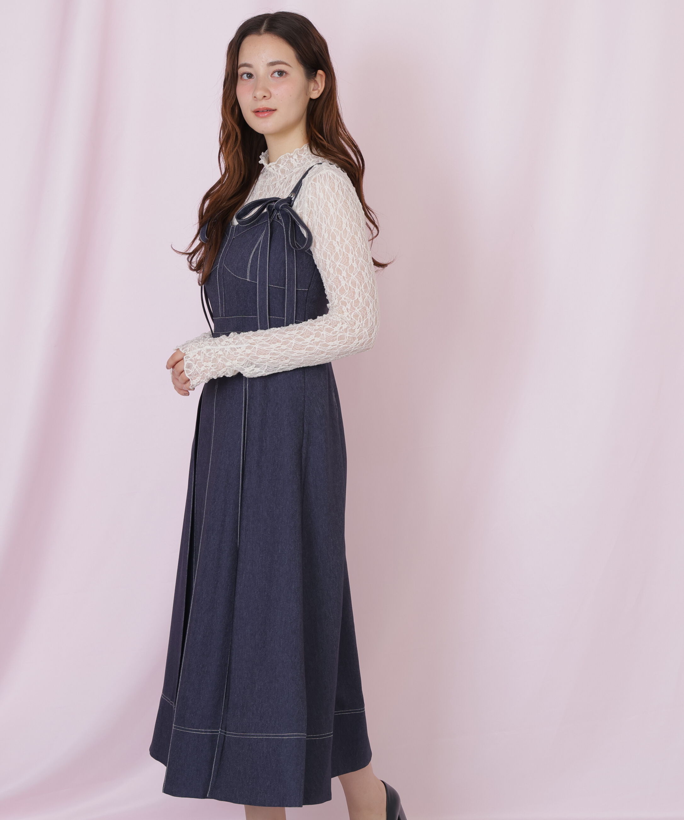  「デニムライク配色ステッチビスチェジャンスカ」|ワンピース|