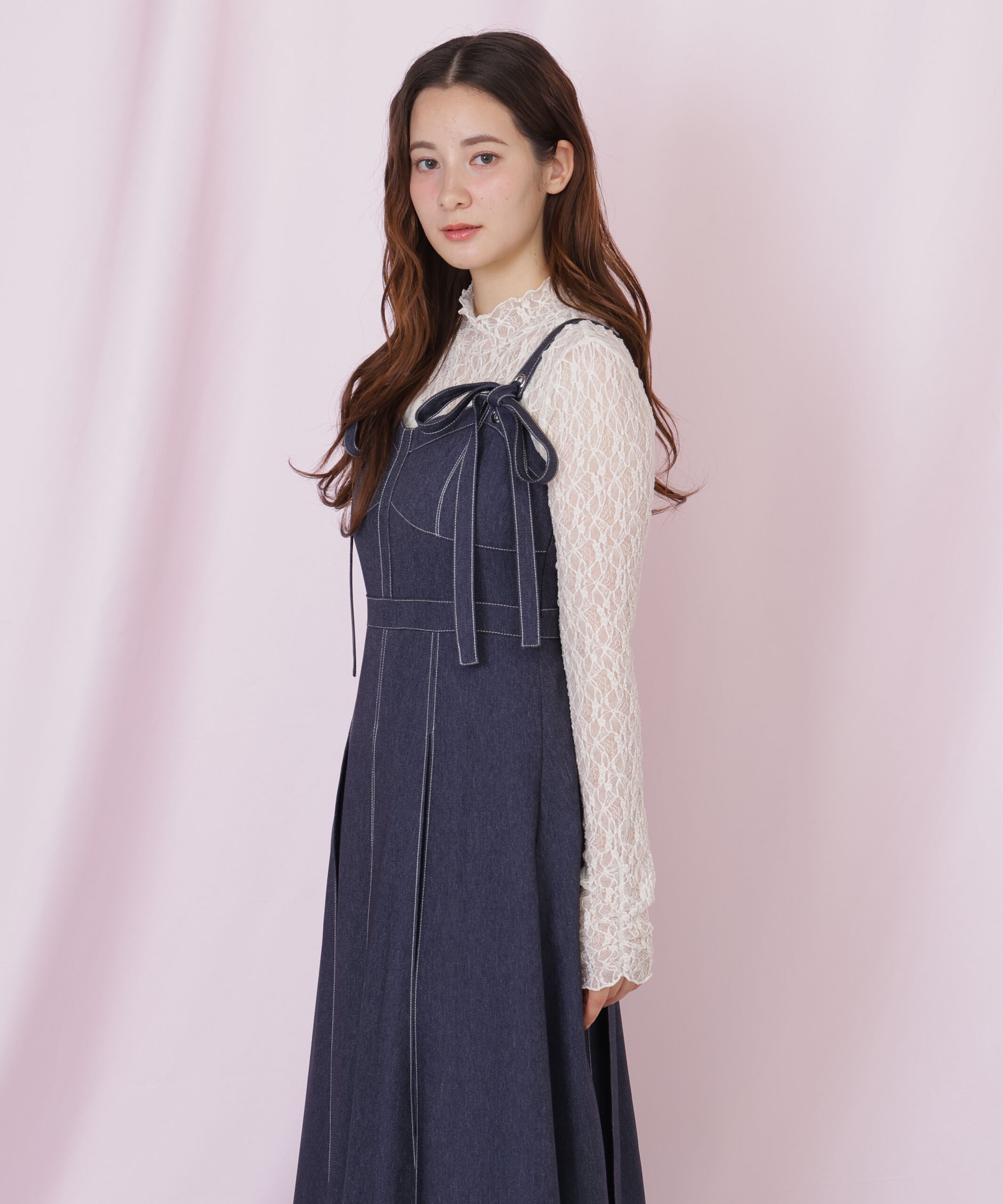  「デニムライク配色ステッチビスチェジャンスカ」|ワンピース|