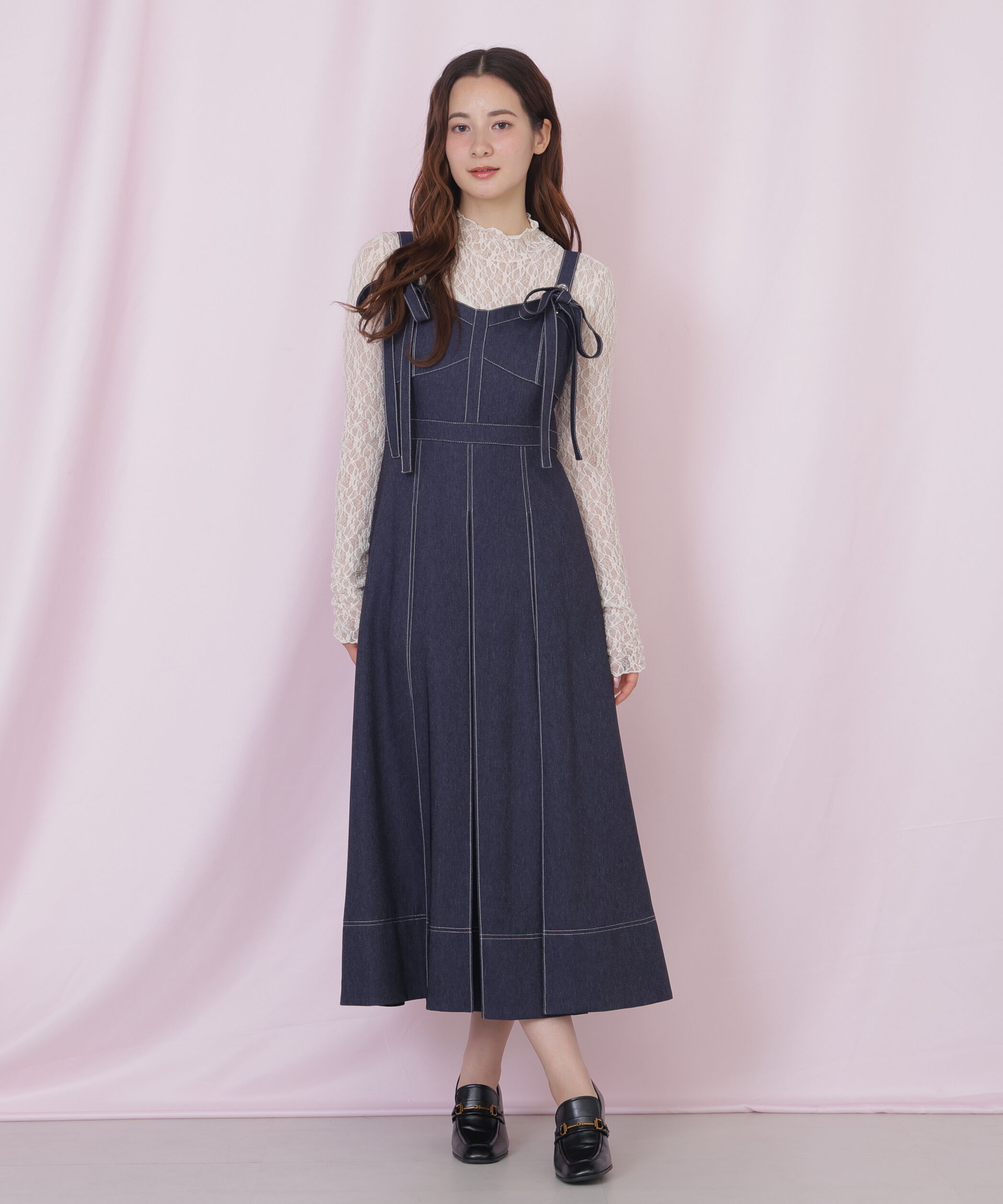  「デニムライク配色ステッチビスチェジャンスカ」|ワンピース|