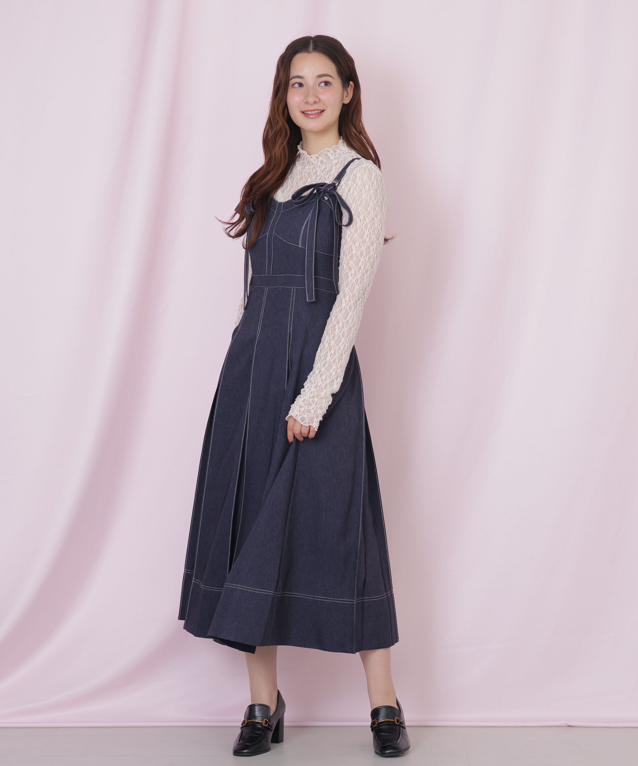  「デニムライク配色ステッチビスチェジャンスカ」|ワンピース|