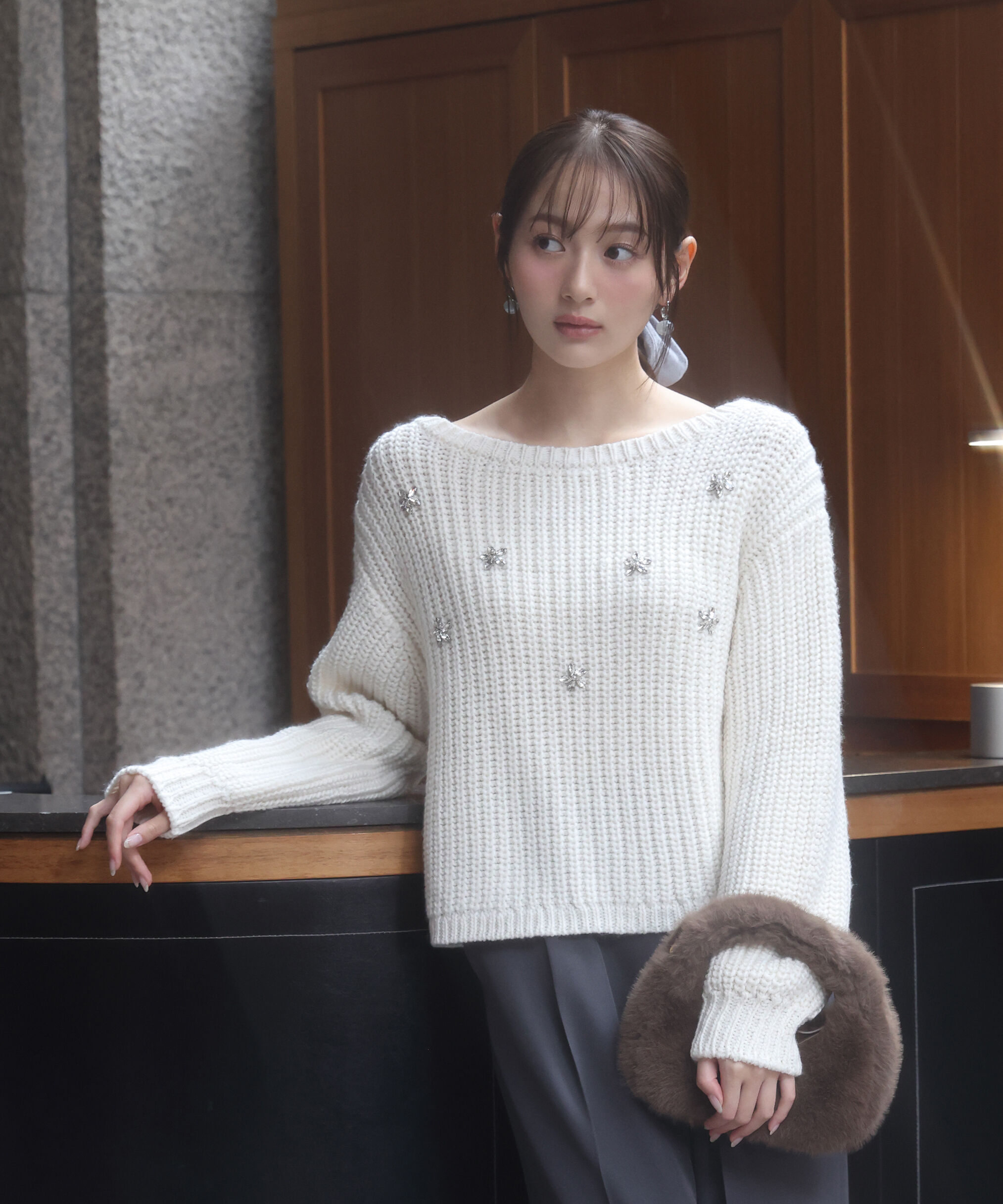 PROPORTION BODY DRESSING「ビジュー付畔ニット　25AW」|ニット・セーター|エクリュ1