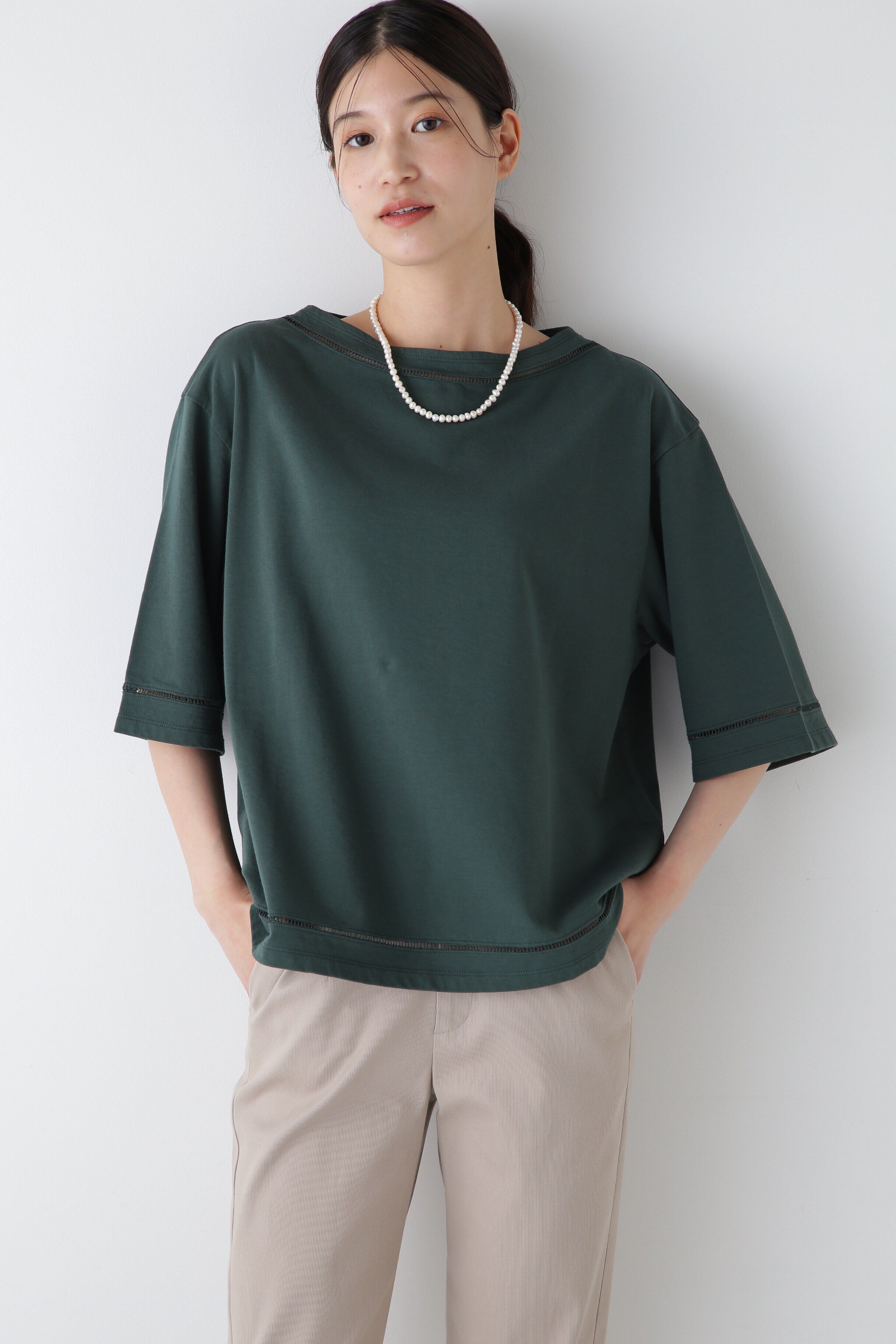  「◆ハイゲージ裏毛レースコンビカットソープルオーバー」|Tシャツ・カットソー|グリーン