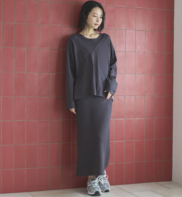 Doux archives「ＶネックニットＳＥＴリブワンピース」|ワンピース|CHARCOAL GRAY