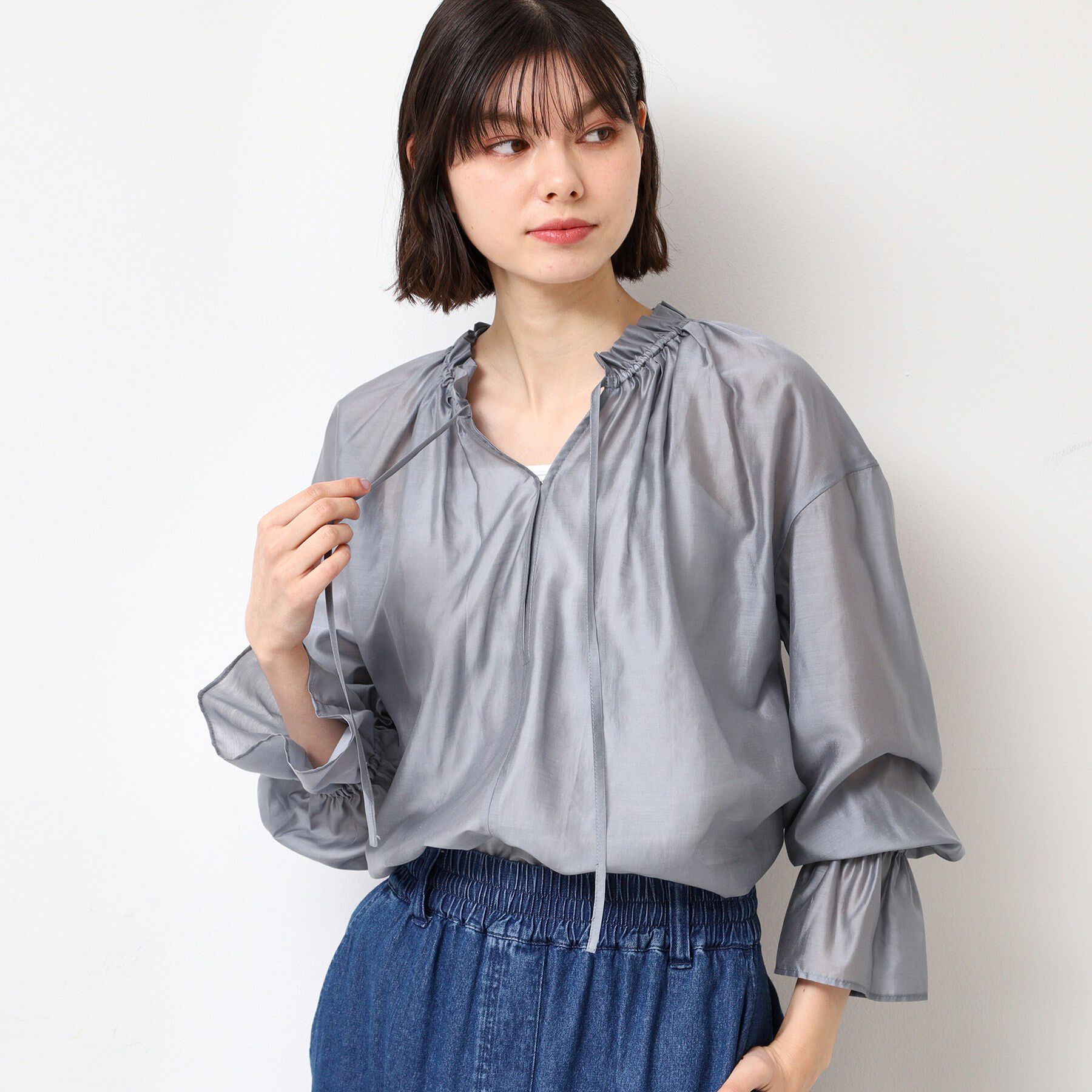 Dessin「【洗える】フリルリボンブラウス」|シャツ・ブラウス|ライトグレー(011
