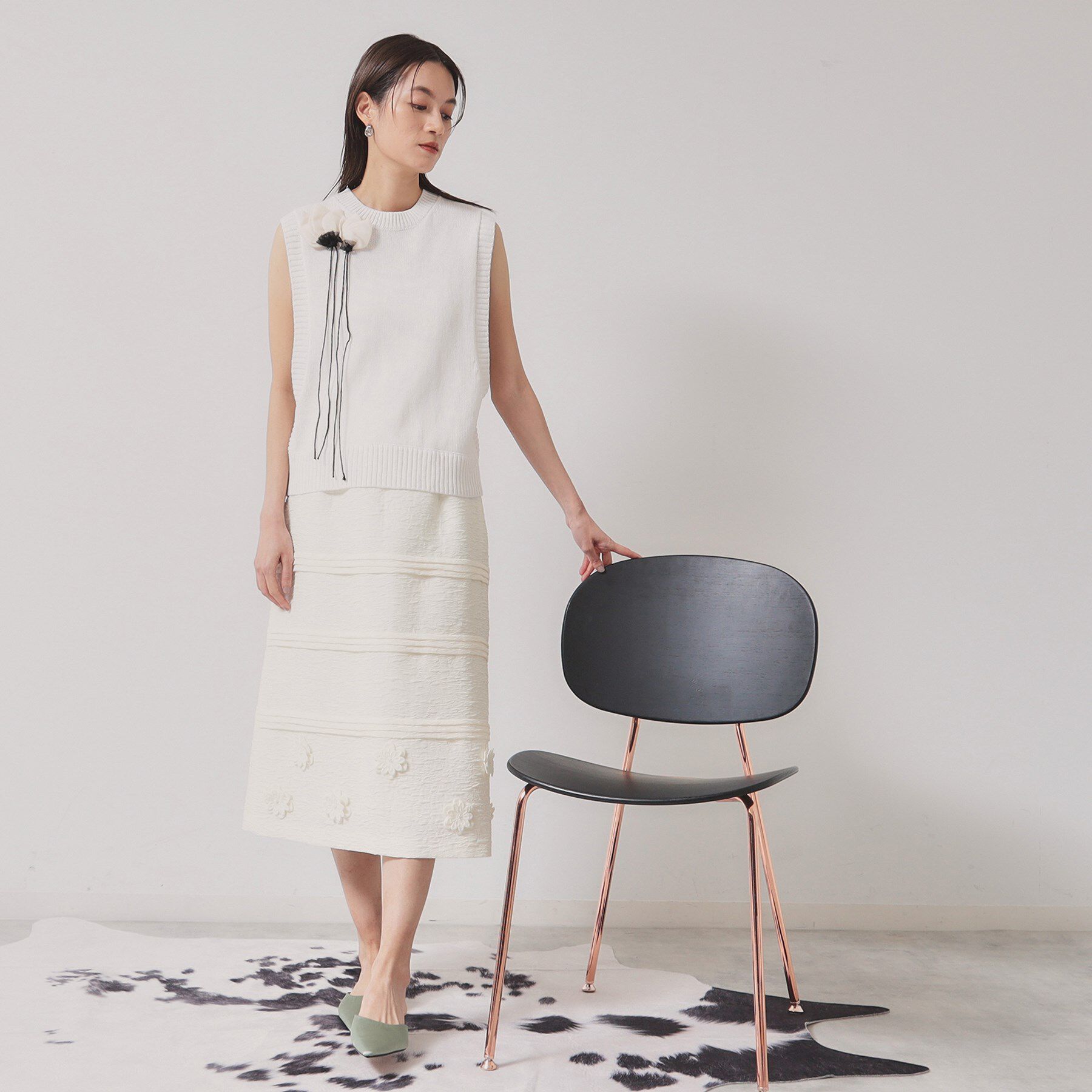 SunaUna「【お花モチーフ／タック切り替え】Aラインスカート」|スカート|