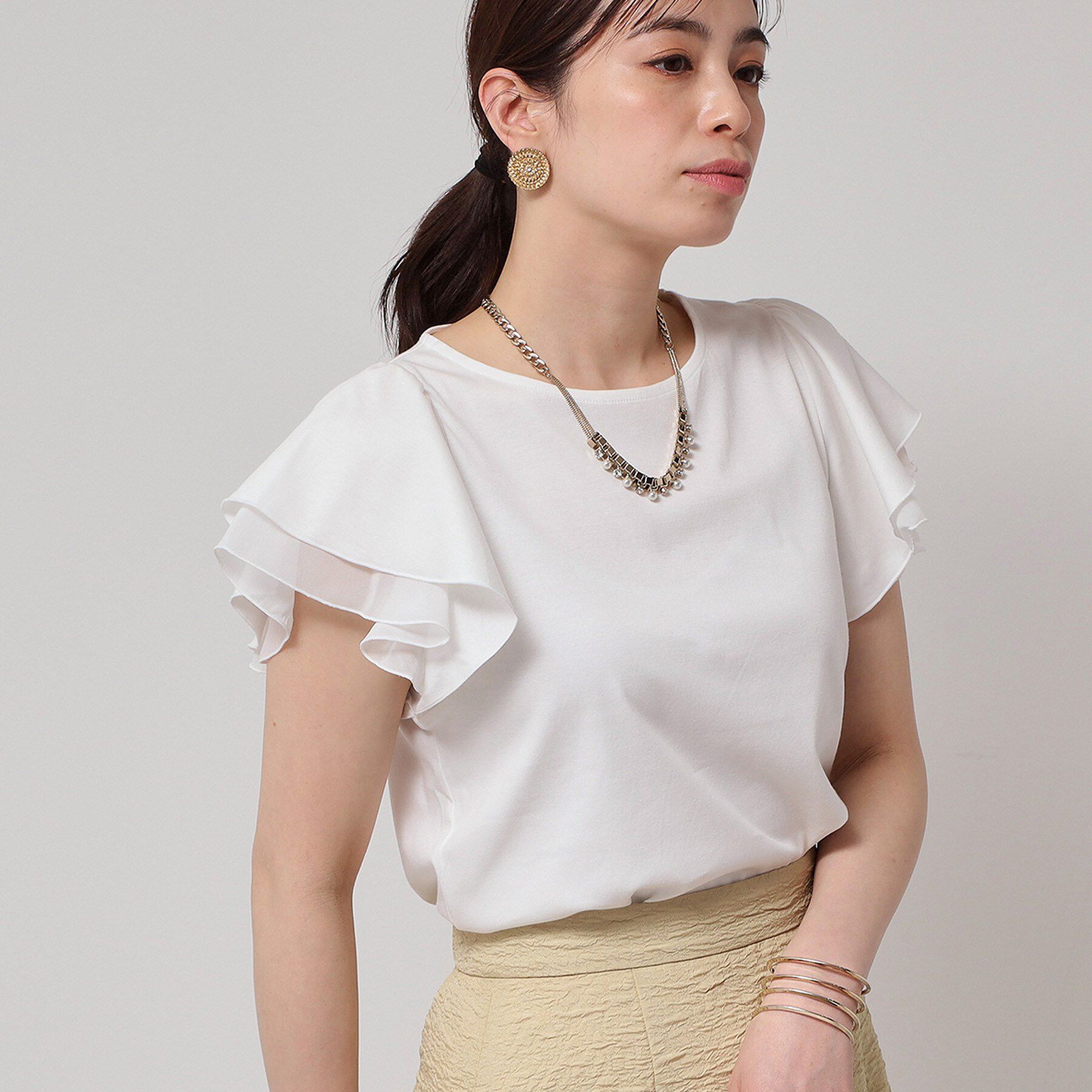 SunaUna「【接触冷感／S～Lサイズ展開】シフォン使いフレアスリーブカットソー」|Tシャツ・カットソー|オフホワイト(003