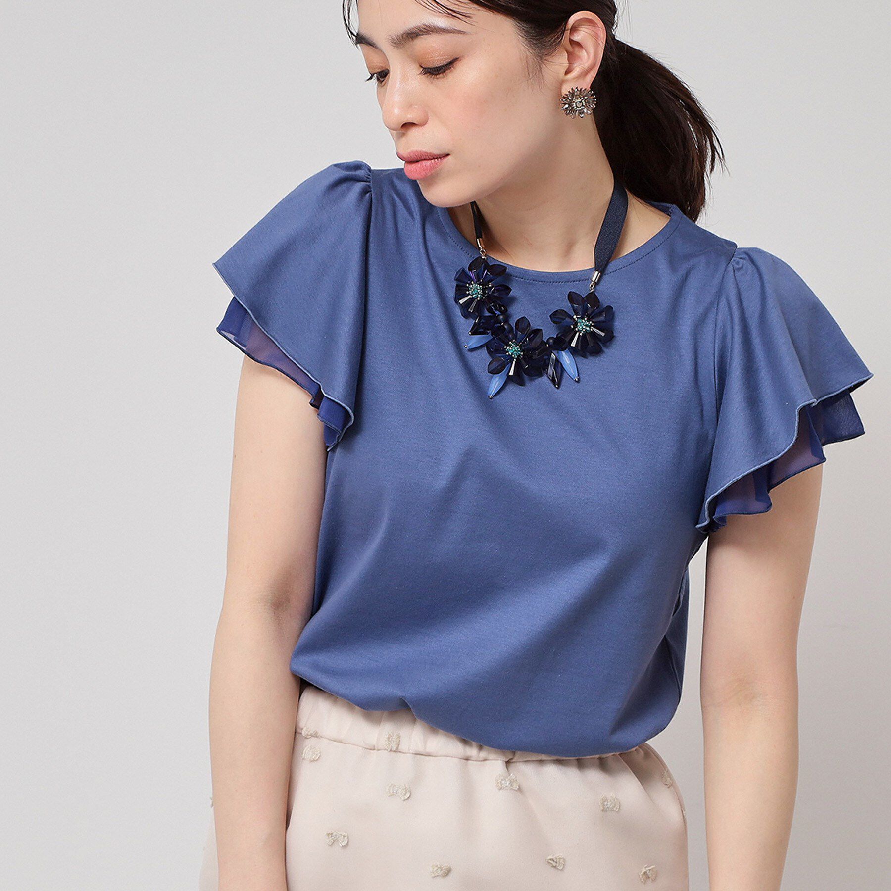 SunaUna「【接触冷感／S～Lサイズ展開】シフォン使いフレアスリーブカットソー」|Tシャツ・カットソー|