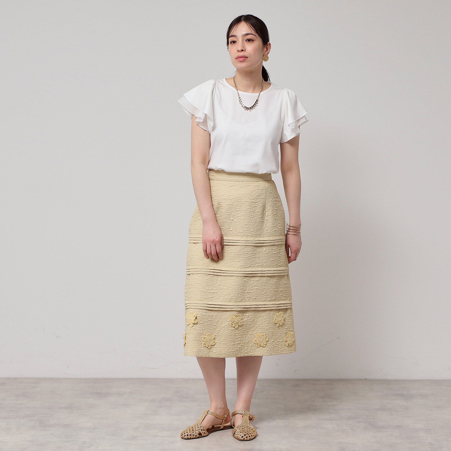 SunaUna「【接触冷感／S～Lサイズ展開】シフォン使いフレアスリーブカットソー」|Tシャツ・カットソー|