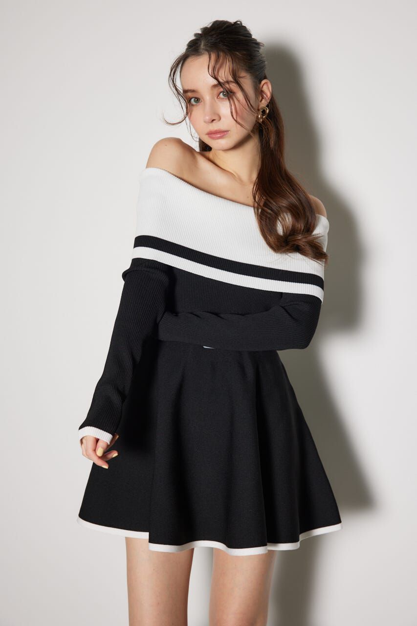 rienda「バイカラーオフショルフレアミニニットワンピース」|ワンピース|BLK