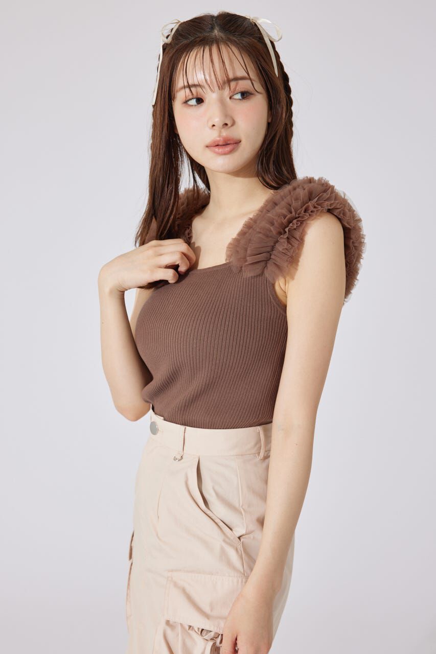 rienda「ショルダーチュールコンビニットトップス」|タンクトップ|