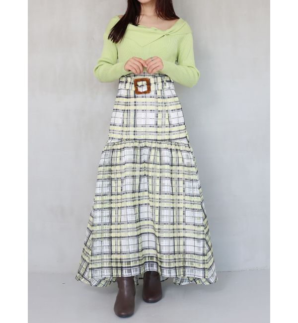 MERCURYDUO「カラーチェックティアードドッキングワンピース」|ワンピース|ライム