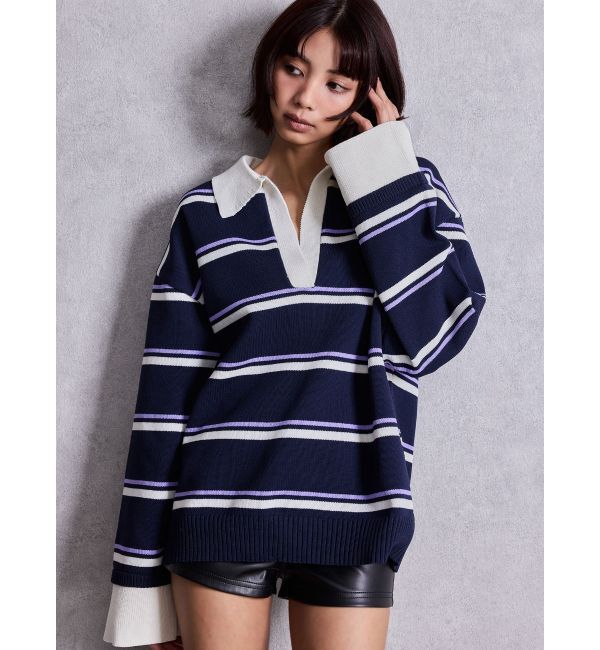 GYDA「スキッパーPOLOボーダーニットトップス」|ニット・セーター|