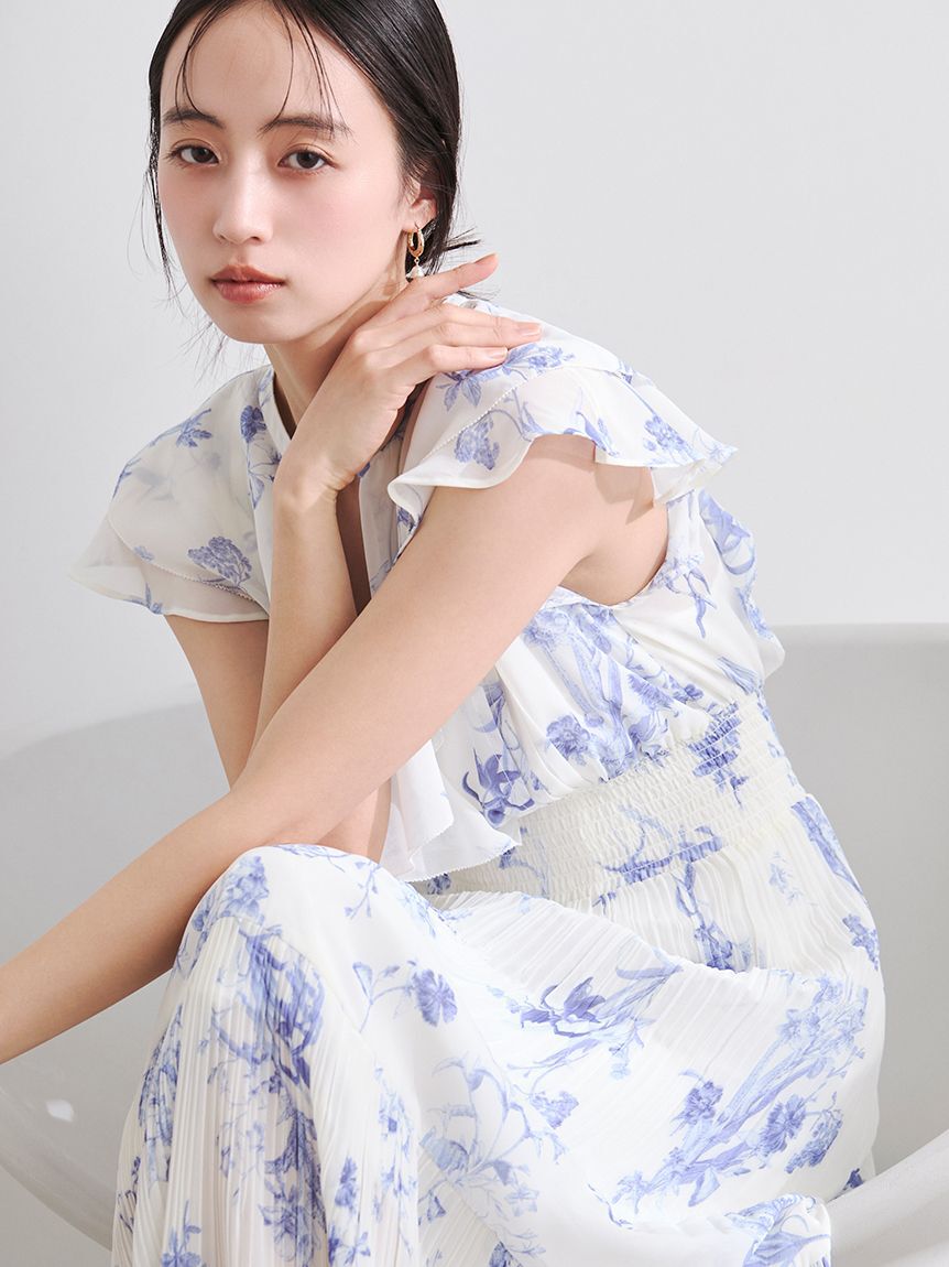 FRAY I.D「【00サイズあり】フリルウエストシャーリングプリントワンピース／ウォッシャブル」|ワンピース|WHT