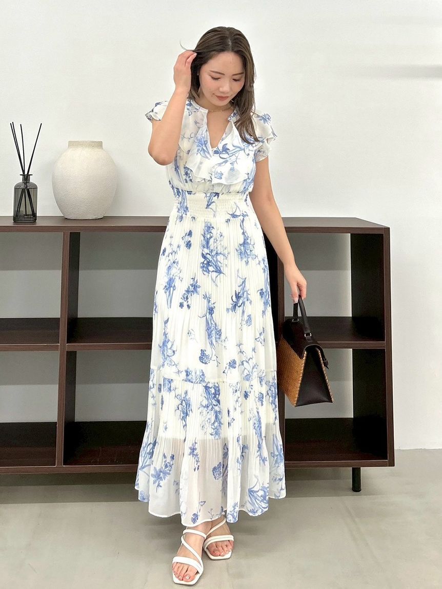 FRAY I.D「【00サイズあり】フリルウエストシャーリングプリントワンピース／ウォッシャブル」|ワンピース|