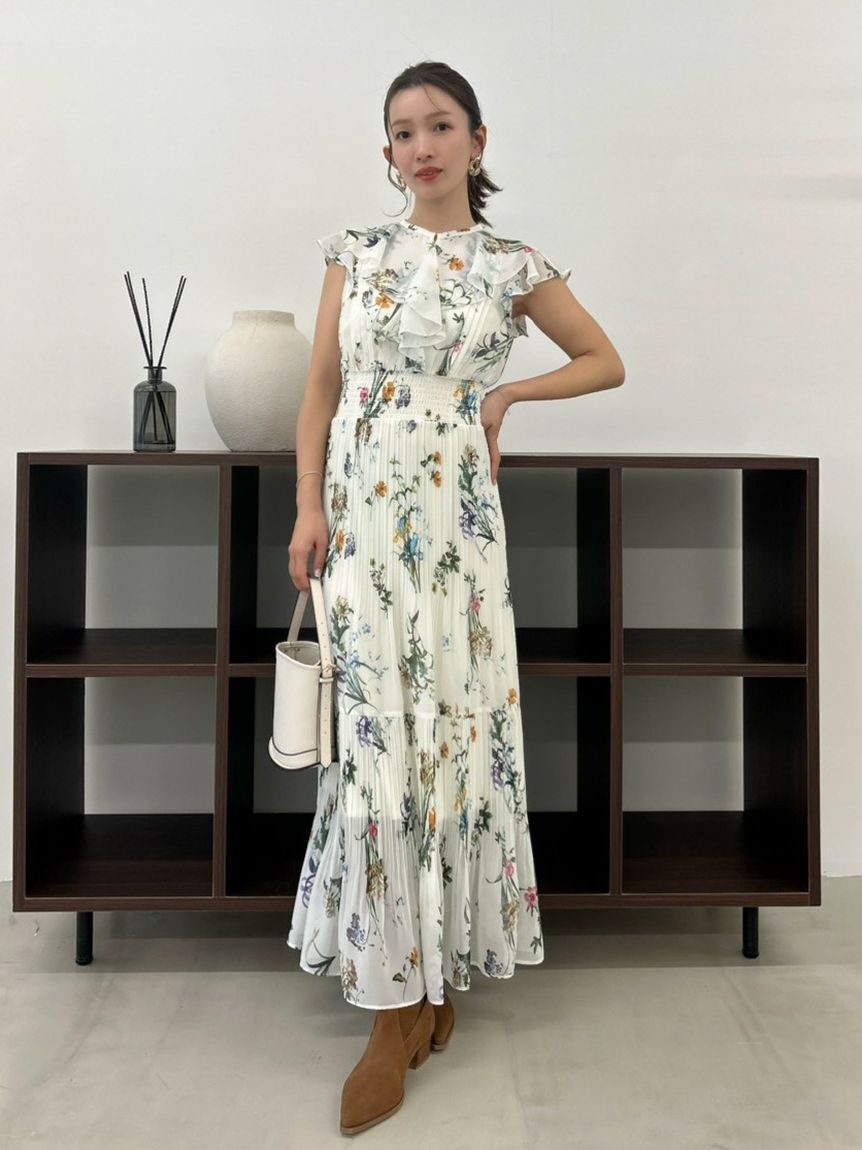 FRAY I.D「【00サイズあり】フリルウエストシャーリングプリントワンピース／ウォッシャブル」|ワンピース|