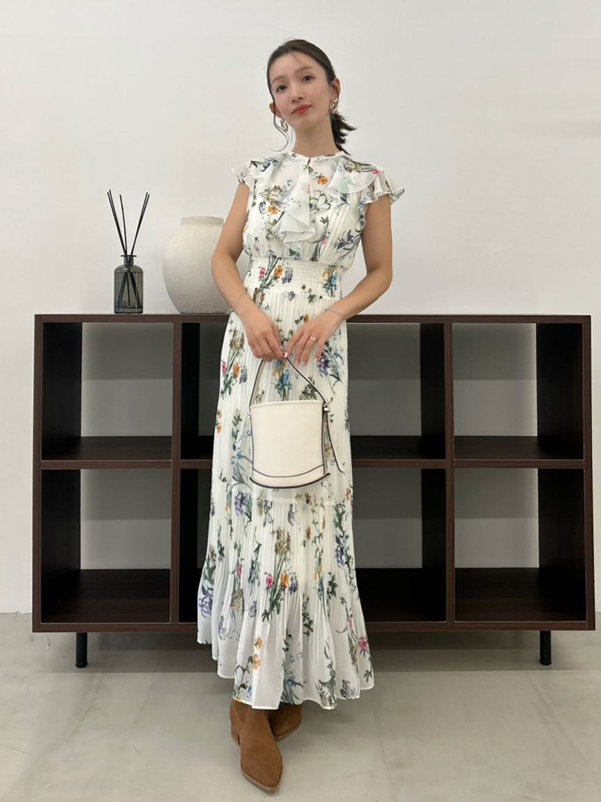 FRAY I.D「【00サイズあり】フリルウエストシャーリングプリントワンピース／ウォッシャブル」|ワンピース|