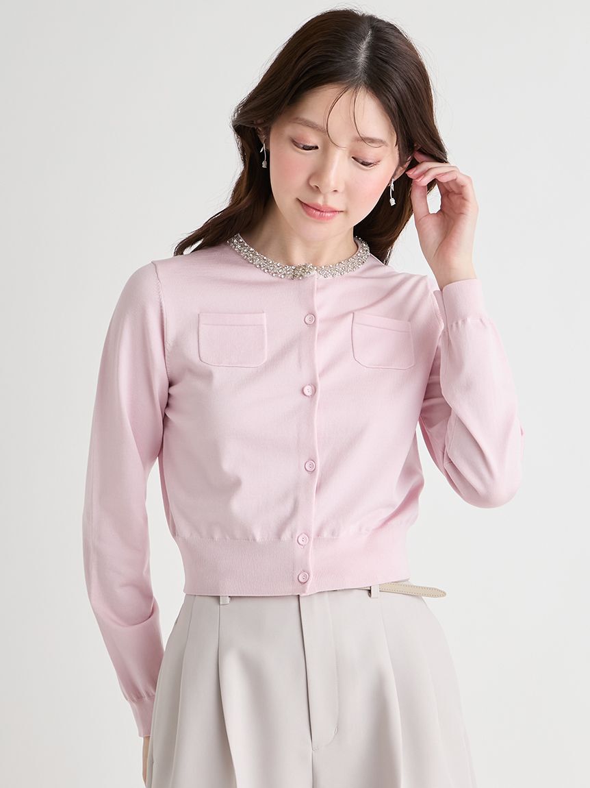 CELFORD「【UVカット】シルクブレンドビジューネックカーディガン」|カーディガン|