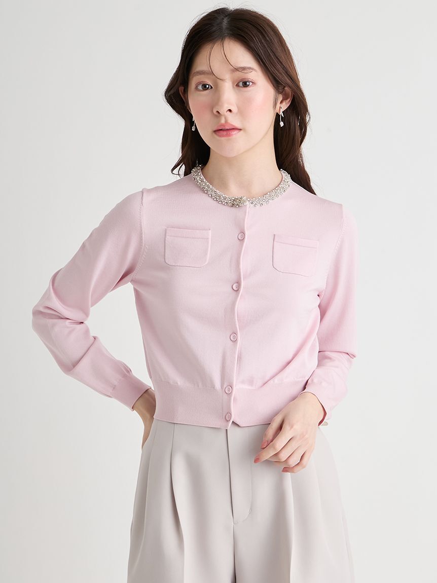 CELFORD「【UVカット】シルクブレンドビジューネックカーディガン」|カーディガン|