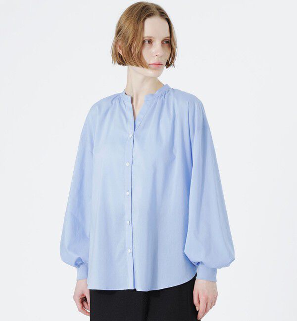  「リネンミックスギャザーブラウス」|シャツ・ブラウス|サックスブルー