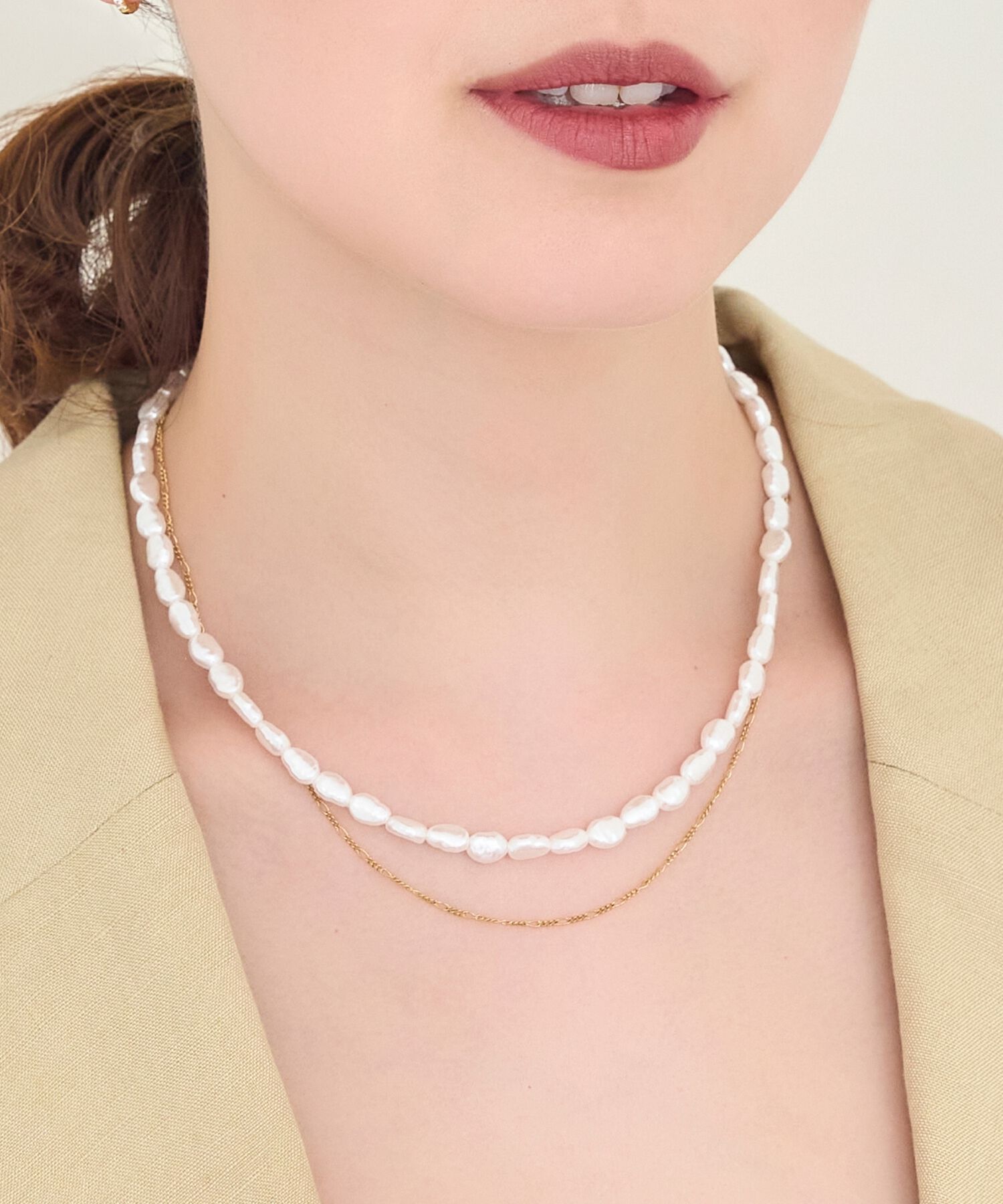 Phoebe「【金属アレルギー対応】クラシカルパール&times;チェーン2連ネックレス/サージカルステンレス」|ネックレス|ホワイト