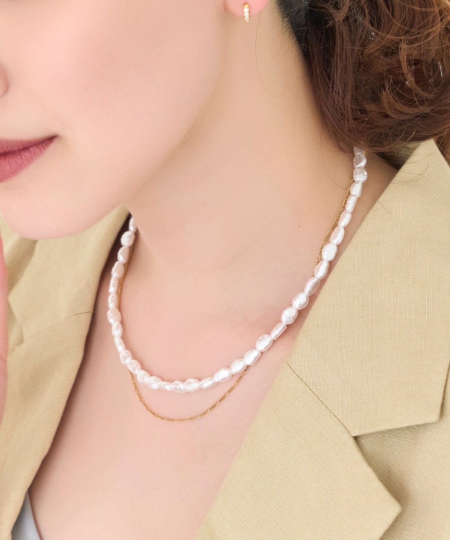 Phoebe「【金属アレルギー対応】クラシカルパール&times;チェーン2連ネックレス/サージカルステンレス」|ネックレス|