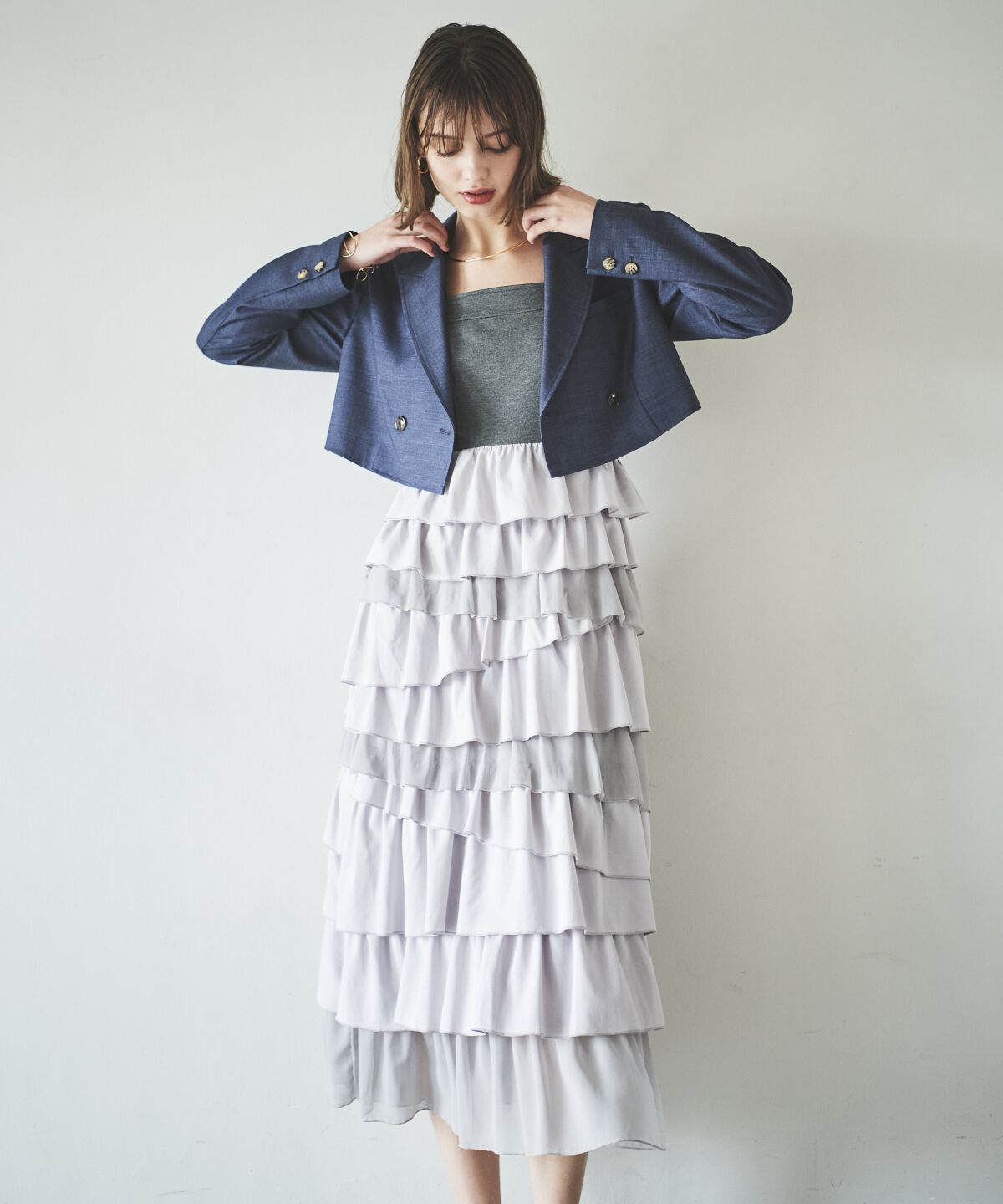 アンドクチュール「シャンブレーバックリボンショートジャケット」|テーラードジャケット|