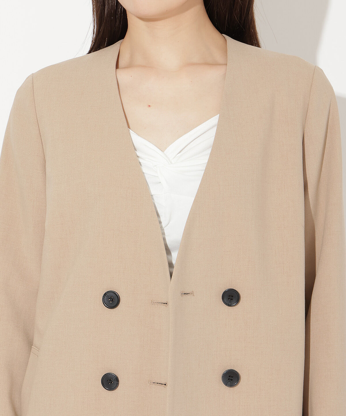 アンドクチュール「ノーカラーダブルジャケット」|ノーカラージャケット|